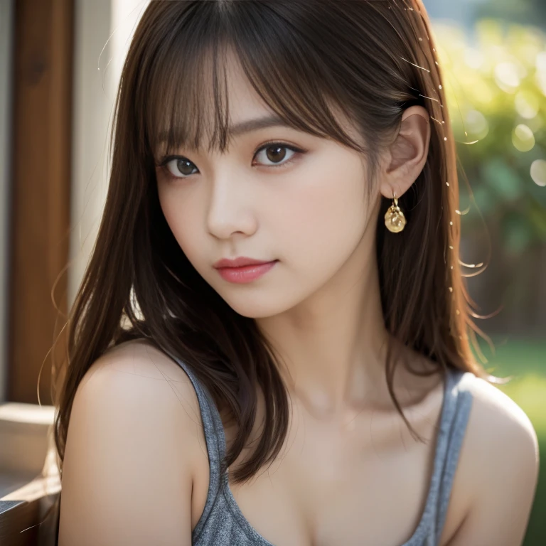 (best quality,4k,8k,highres,masterpiece:1.2),ultra-detailed,(realistic,photorealistic,photo-realistic:1.37),selfie,(upper body),beautiful Japanese woman,wearing a checkered button-up shirt over a tank top,ample bosom,sad expression,talk room,early summer,cloudy sky,bokeh background