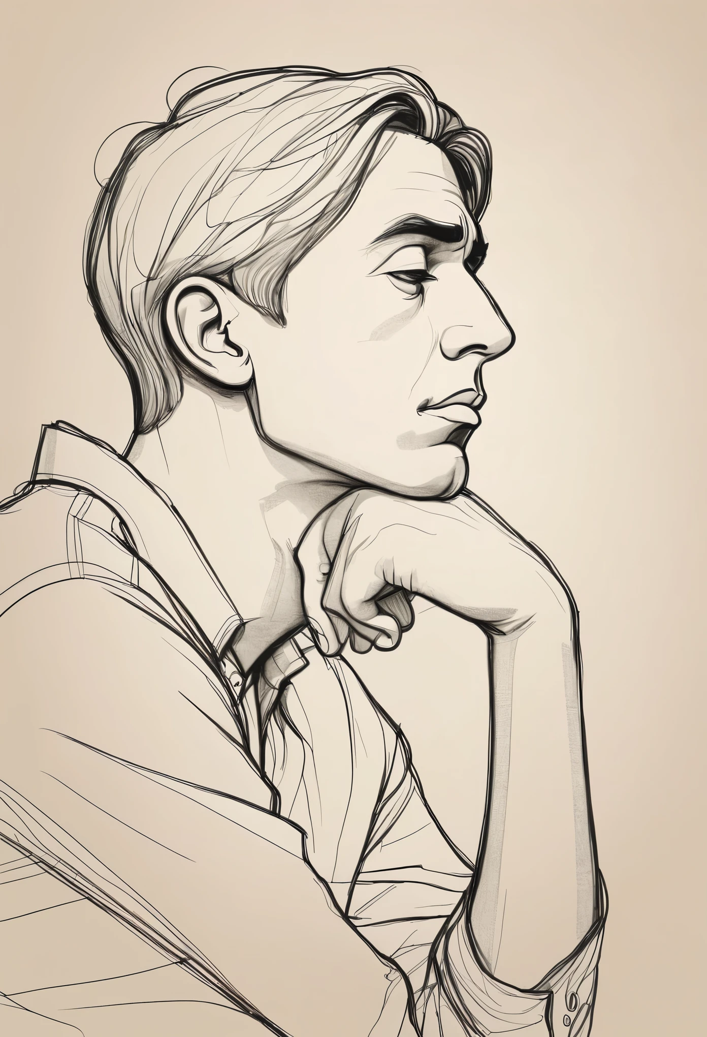 a man, thinking pose, medium close, 2d drawing style, side head, right hand on chin, the thinker