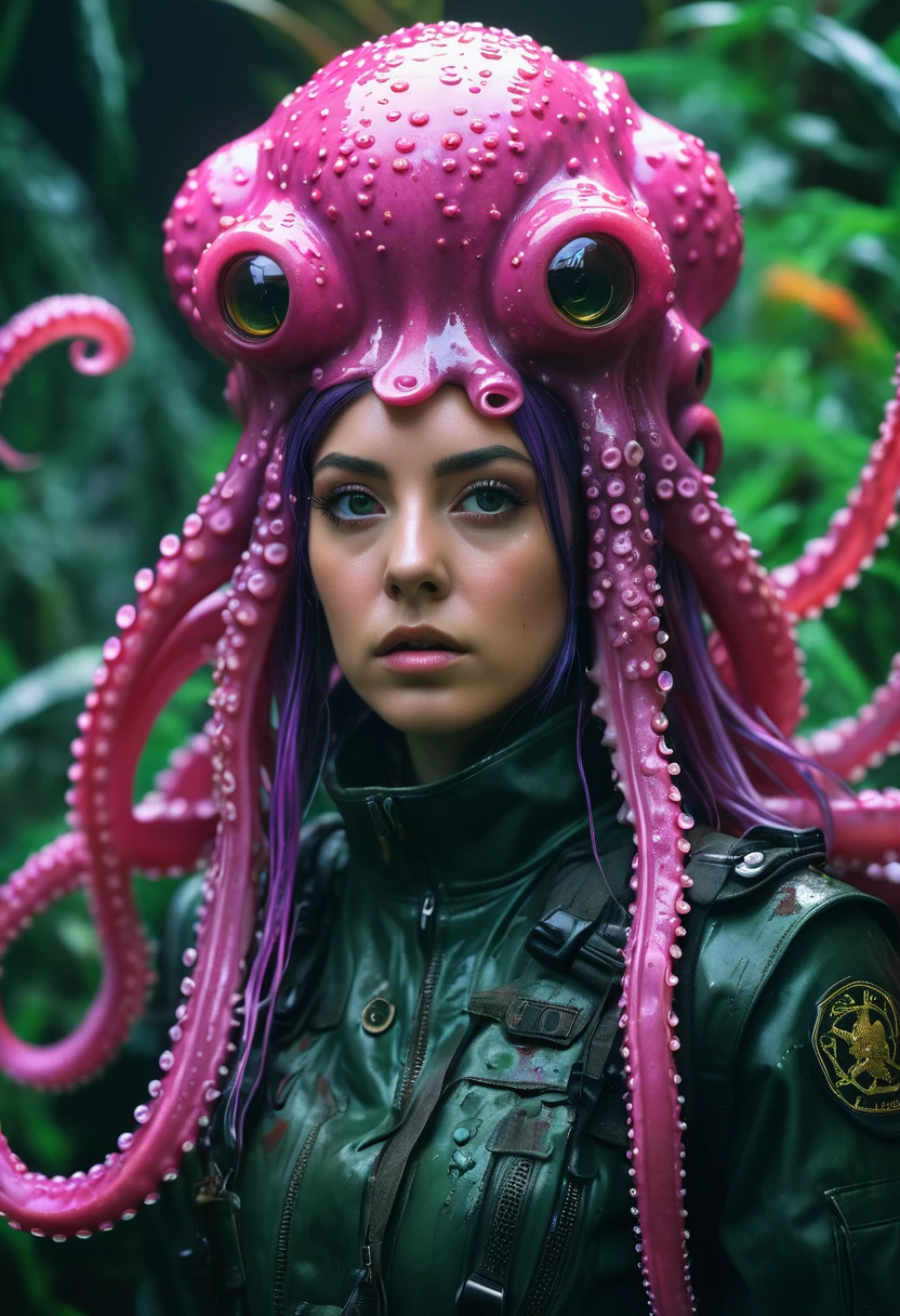 8K, ARTISTIC photogrAphy, best quAlity, mAsterpiece: 1.2), A (potrAit:1.2) witch BLOOD Cthulhu SOLDIER, EYES, PINK many octopus style tentacles, full body RAW candid cinema, GREEN hair, 16mm, color graded portra 400 film, remarkable color, ultra realistic, sad admosphere, dark lighting, oppressive atmosphere, depressive colors, kodak portra 400, photograph,r, Natural Light, Pinhead lighgts, blur reflection, Brush Strokes, Smooth, abstract, Splatter, Oil On Canvas, rainbow colors, fractal isometrics details bioluminescens : a stunning realistic photograph of wet bone structure, 3d render, octane render, intricately detailed, titanium decorative headdress, cinematic, trending on artstation | Isometric | Centered
