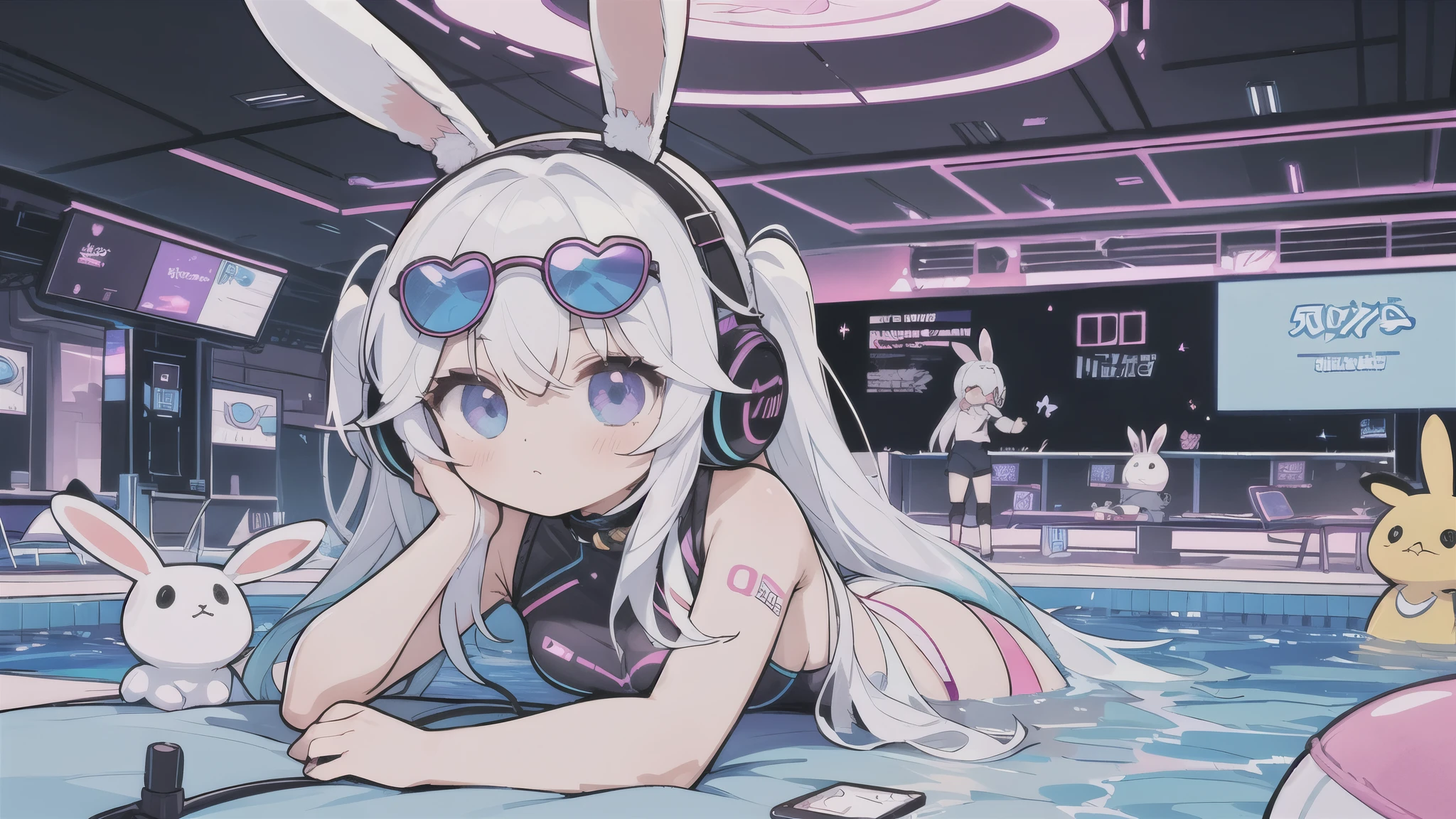 Fantasy poolside,Anime white hair girl with headphones, wearing rabbit ears,cyberpunk outfit,Part cyborg body,Party night with colorful lights, Futuristic Disco, A pair of colorful sunglasses, Cute stuffed rabbit, Cute art style, Anime Style 4k, Futuristic Speaker,Vivid Color