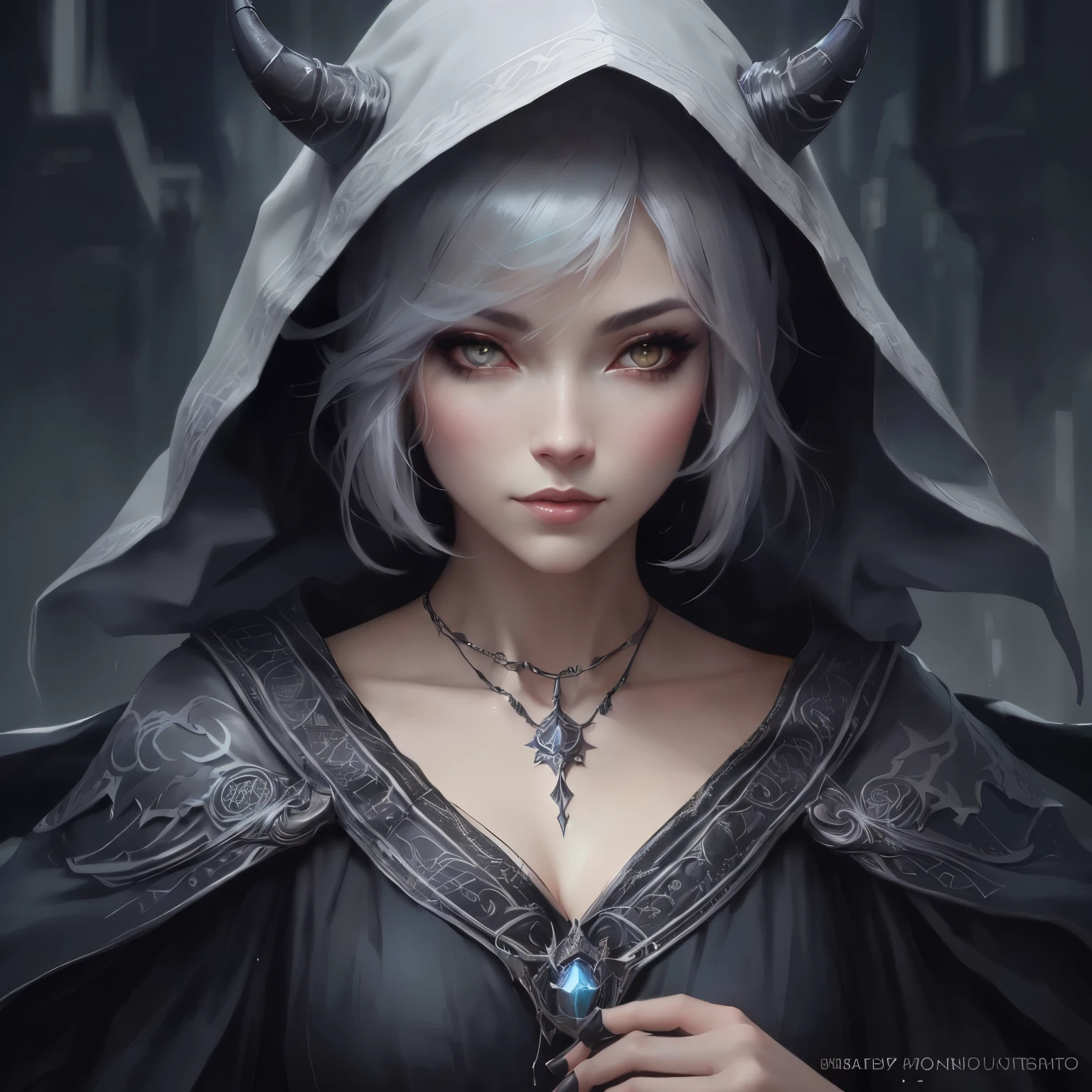 a woman with horns and a hood on her head, dark fantasy style art, portrait of a sorceress, wlop | artgerm, extremely detailed artgerm, artgerm on artstation pixiv, fantasy art style, artgerm. anime illustration, fantasy concept art portrait, portrait of a female mage, ig model | artgerm