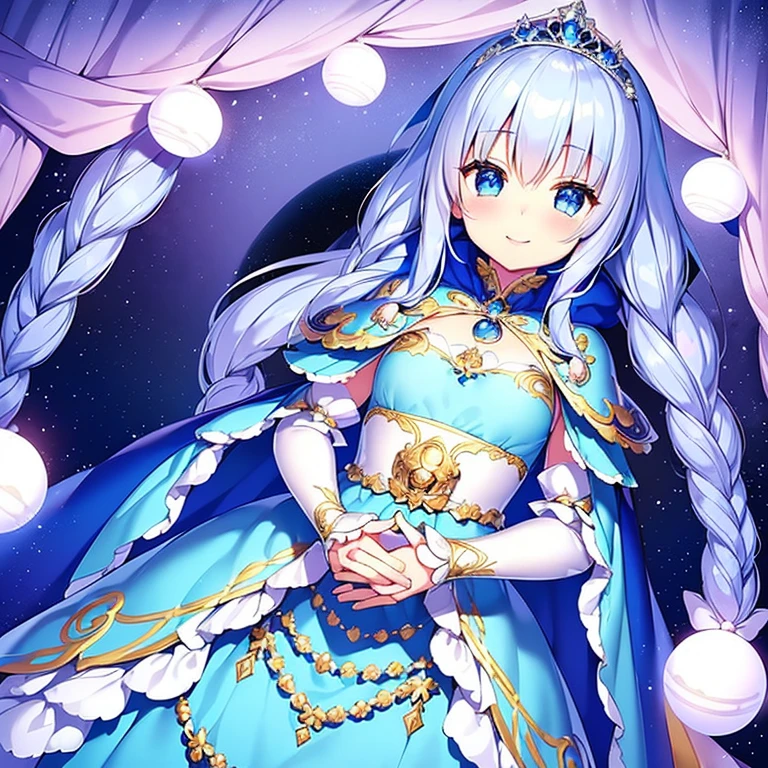 (kawaii),(best quality),(ultra detailed),(rococo style),(long train blue cape:1.15), very long cape,(long train white ball gown with flower decorations:1.05), a girl is wearing a cape over her gown, 1 little princess, tiara, smile, very long hair, small breasts, beautiful detailed eyes, beautiful detailed lips