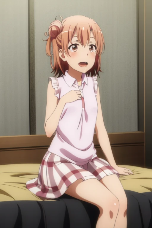 ((highest quality)), ((masterpiece)), (be familiar with), Perfect Face, indoor, Bedroom, Watching the audience,
One woman, Yuigahama Yui,
Open Mouth, Ecstatic expression, blush, smile,
Small breasts, Flat Chest, Young Girl, , , Girl,
Short Hair, Salmon-colored hair, Salmon-colored eyes, Side Pony,
Leg spread,