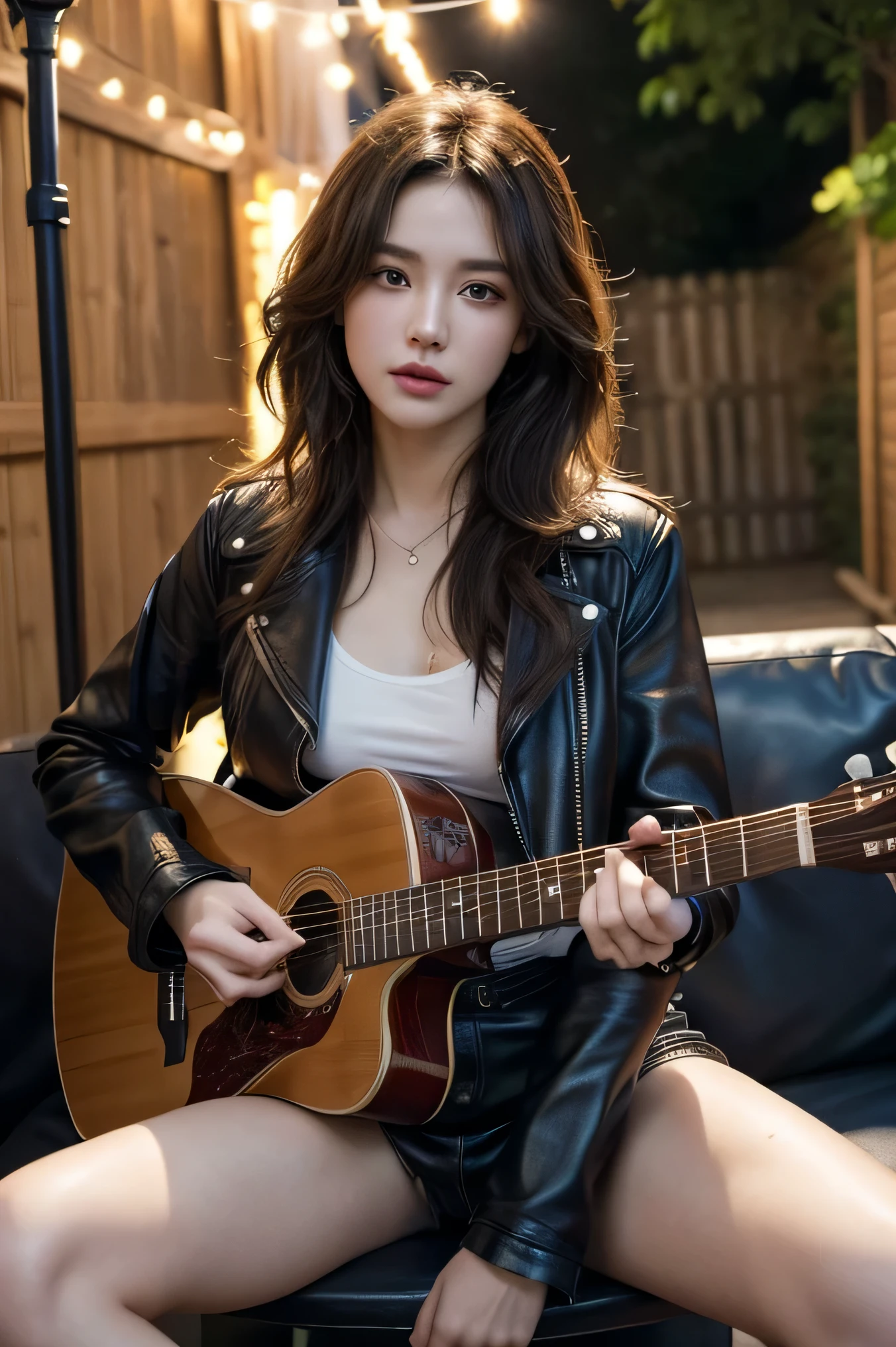 8k, top-quality, （pubic hair beauty）、hight resolution, lifelike, realperson, backyard alley, London Style, Tangled, cinematic lighting soft lighting、A musician wearing a leather jacket is sitting and glaring at me.、a beauty girl、huge tit、beauty legs、guitar