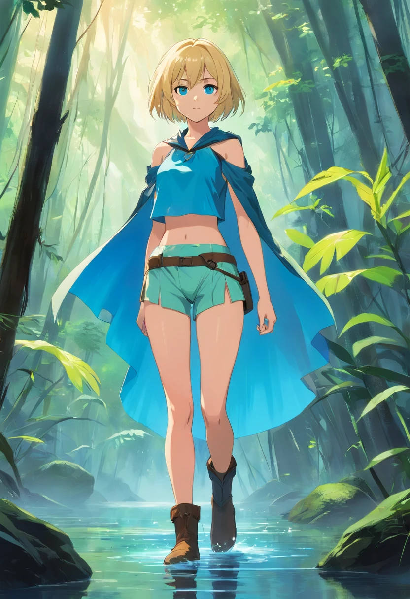 17 years old Women, ((Blonde)), ((Blue eyes)), ((Short hair)), ((Full Body)), in Dagobah swamp, using a metalic bikini costume with cape and leather boots