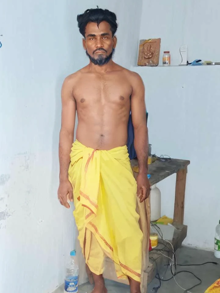 there is a man standing in a room with a towel on his head, wearing loincloth, with yellow cloths, full body picture, wearing traditional garb, full body picture of a male monk, loincloth, wearing a towel, dressed with long fluent clothes, not wearing many clothes, 4 0 years old man, dressed in a sari