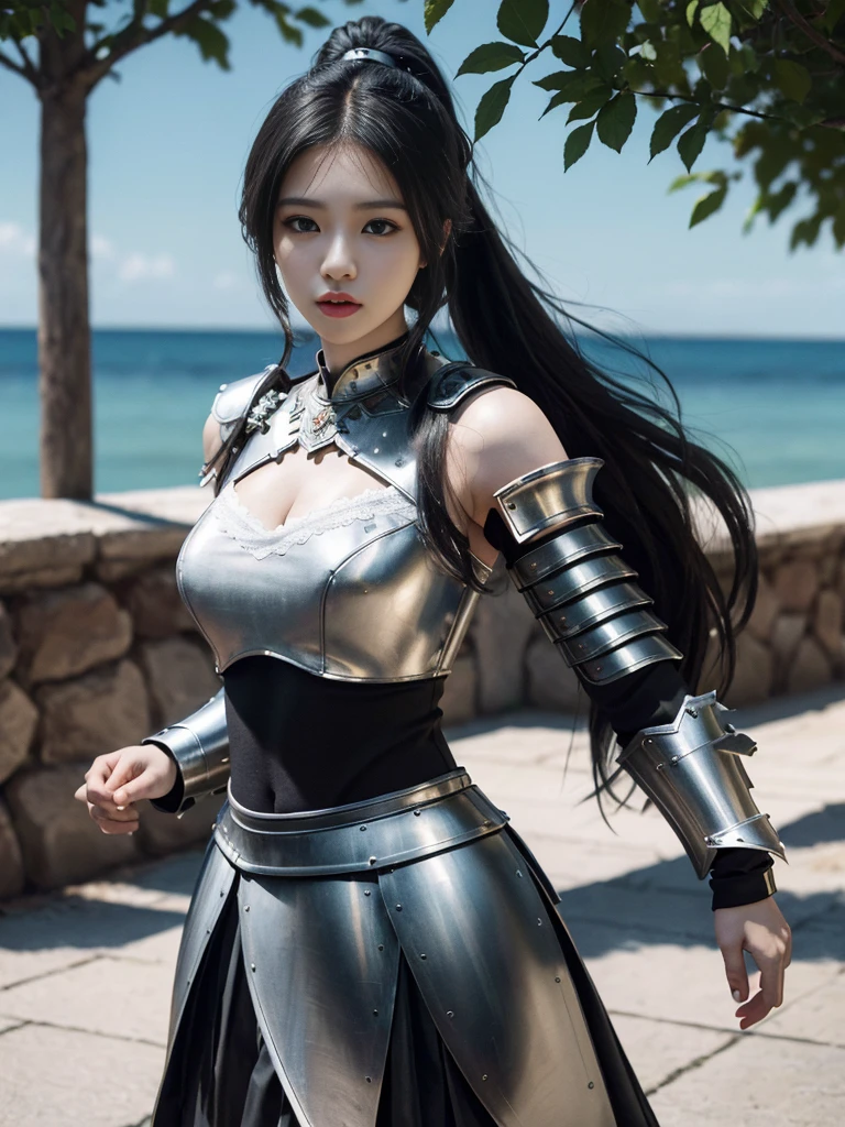 Masterpiece, Best Quality, (Realism: 1.9), Beautiful Lighting, (Very Detailed CG Unified 4K FHD Wallpaper), Realistic, High Detail, Sharp Focus, Dramatic Outdoor, (((1girl, Solo))), 20 years old, Long hair, (Brunetette), Ponytail hair, (Metal armored skirt: 1.3), Metal shoulder armor, (Metal Bra 1.3), hiqcgbody, Power Armor, pureerosface_v1, ULZZANG-6500, (Great Sword 1.3), black hair, surrealism, 8k, super detail