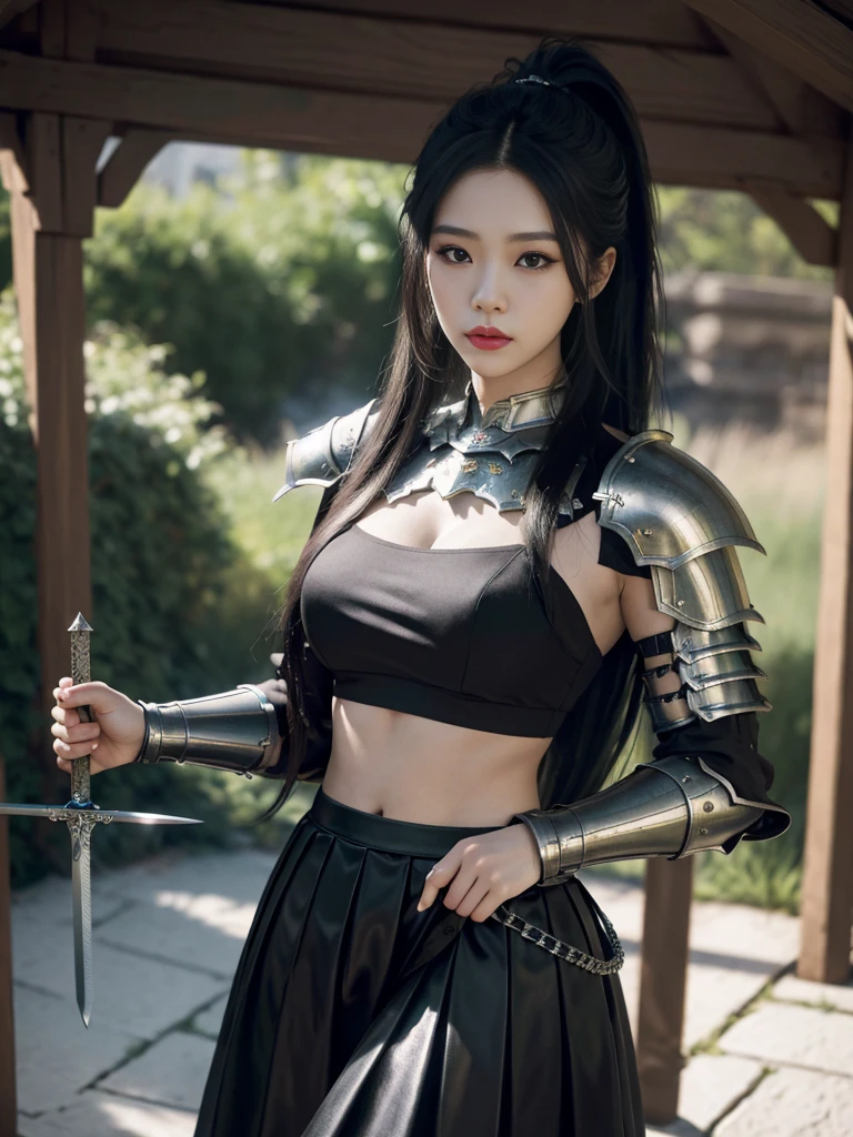 Masterpiece, Best Quality, (Realism: 1.9), Beautiful Lighting, (Very Detailed CG Unified 4K FHD Wallpaper), Realistic, High Detail, Sharp Focus, Dramatic Outdoor, (((1girl, Solo))), 20 years old, Long hair, (Brunetette), Ponytail hair, (Metal armored skirt: 1.3), Metal shoulder armor, (Metal Bra 1.3), hiqcgbody, Power Armor, pureerosface_v1, ULZZANG-6500, (Great Sword 1.3), black hair, surrealism, 8k, super detail
