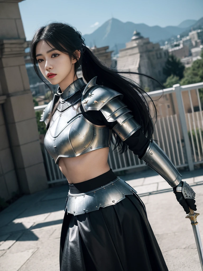 Masterpiece, Best Quality, (Realism: 1.9), Beautiful Lighting, (Very Detailed CG Unified 4K FHD Wallpaper), Realistic, High Detail, Sharp Focus, Dramatic Outdoor, (((1girl, Solo))), 20 years old, Long hair, (Brunetette), Ponytail hair, (Metal armored skirt: 1.3), Metal shoulder armor, (Metal Bra 1.3), hiqcgbody, Power Armor, pureerosface_v1, ULZZANG-6500, (Great Sword 1.3), black hair, surrealism, 8k, super detail