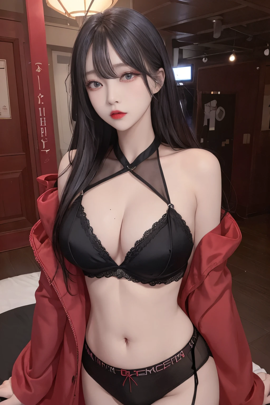 Top image quality、Raw photography、A high resolution、20-year-old cool Korean、big round chest、thin red silk coat、black lace underwear、Beautiful Eyes of Details、very elongated eyes、Beautiful eyelashes、Beautiful double eyelids、eyeshadows、耳Nipple Ring, wearing super tight mini boxers, standing,