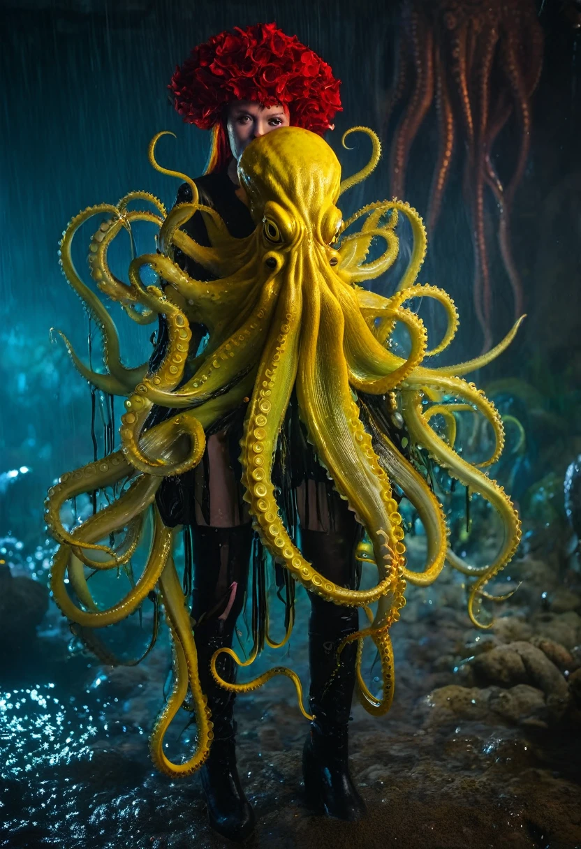 8K, ARTISTIC photogrAphy, best quAlity, mAsterpiece: 1.2), A (potrAit:1.2) witch Cthulhu soldier, YELLOW-BLACK many octopus style tentacles, full body RAW candid cinema, yellow hair, 16mm, color graded portra 400 film, remarkable color, ultra realistic, sad admosphere, dark lighting, oppressive atmosphere, depressive colors, kodak portra 400, photograph,r, Natural Light, Pinhead lighgts, blur reflection, Brush Strokes, Smooth, abstract, Splatter, Oil On Canvas, rainbow colors, fractal isometrics details bioluminescens : a stunning realistic photograph of wet bone structure, 3d render, octane render, intricately detailed, titanium decorative headdress, cinematic, trending on artstation | Isometric | Centered