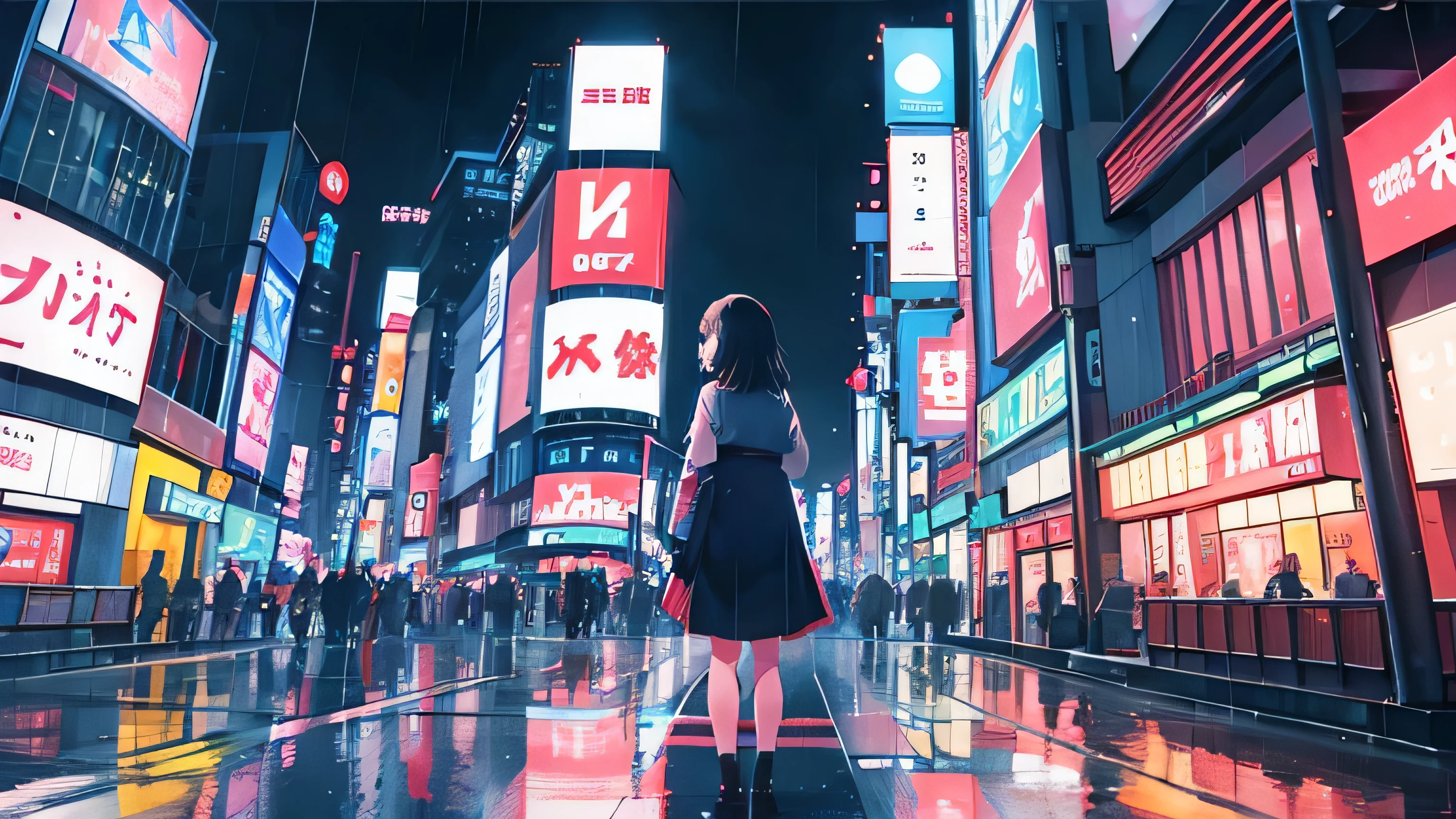 Shibuya in Japan rain A girl standing alone night neon Japanese animation