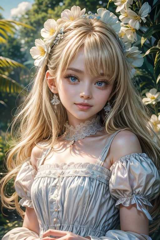 A dreamy and ethereal depiction of "Lolita" the movie, with a young girl in a white lace dress, surrounded by butterflies and flowers, her hair adorned with a ribbon and her eyes closed in a peaceful expression.
