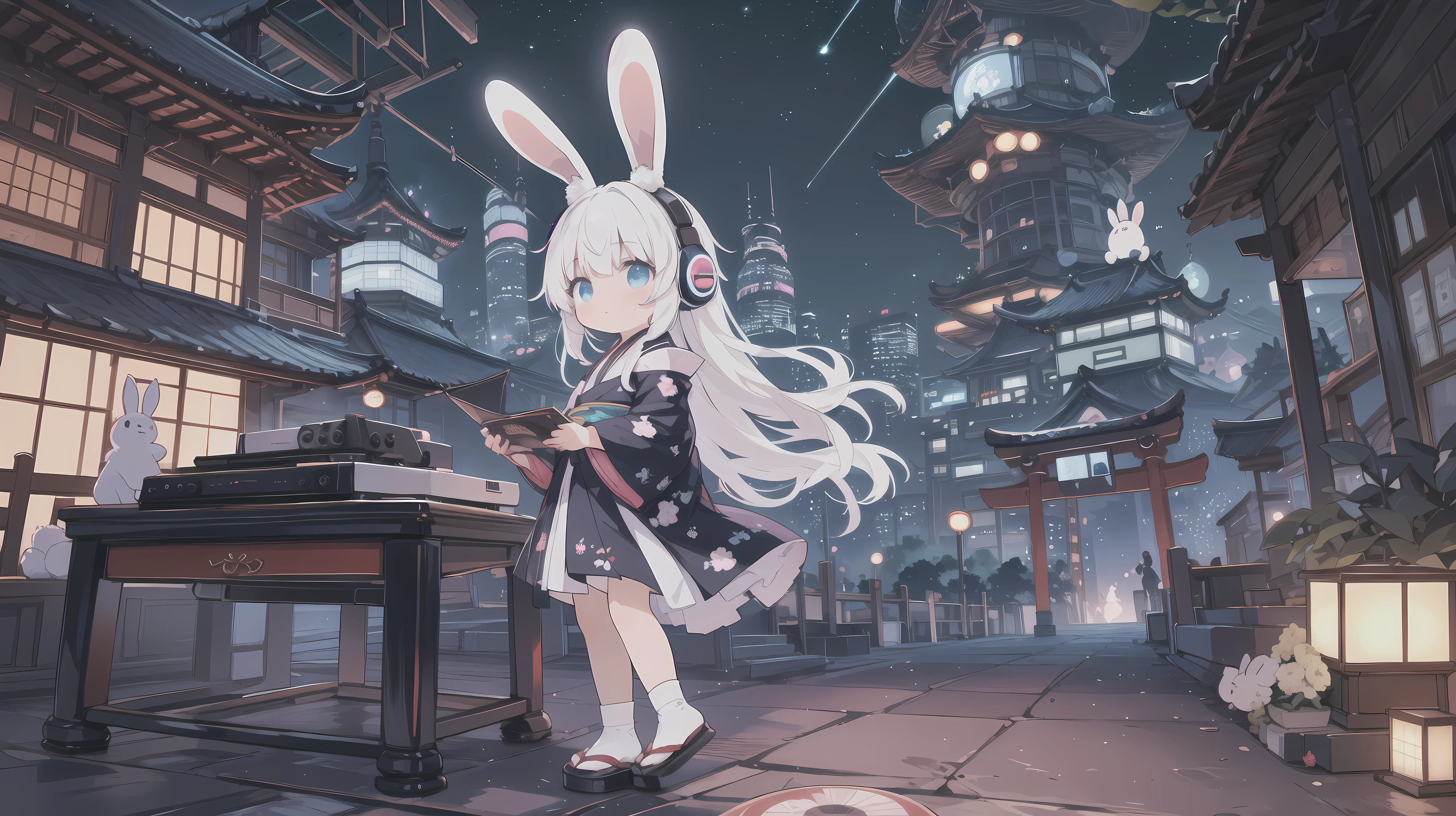 long side shot,Spectacular views,Anime white hair girl with headphones, wearing rabbit ears,cyberpunk outfit,Japanese style architecture, Beautiful night sky, colorful, Cute stuffed rabbit, Cute art style, Anime Style 4k, record player,vivid color