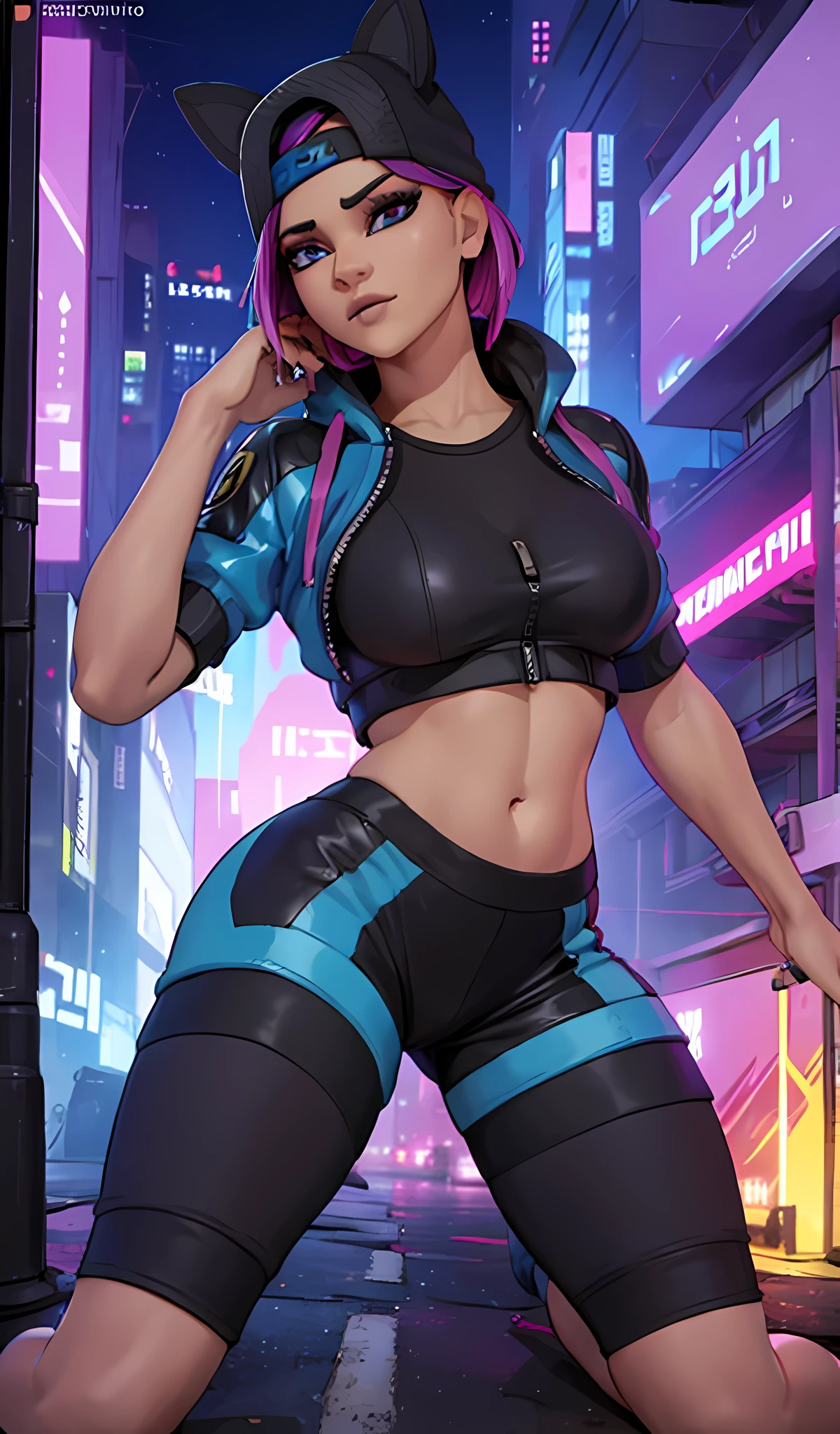 1 chica, sentada, cyberpunk Noche, chaqueta Azul, jogger Negro, Extremadamente detallado, rostro detallado , gorra ,hermoso rostro detallado, ojos detallados, dynamic pose 