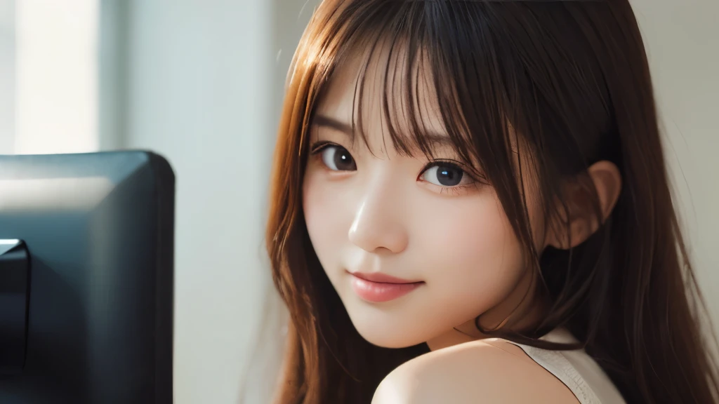 (masterpiece:1.2,highest quality),((office)),((Photographed with an ultra-wide-angle single focus lens)),depict the upper body,ung woman,((suit)),Black wavy hair,((Fine and beautiful eyes)),blushed,Healthy Skin,(smile),8k resolution