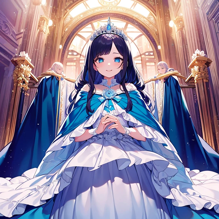 (kawaii),(best quality),(ultra detailed),(rococo style),(long train blue cape:1.15), very long cape,(long train white ball gown with flower decorations:1.05), a girl is wearing a cape over her gown, 1 little princess, tiara, smile, very long hair, small , beautiful detailed eyes, beautiful detailed lips