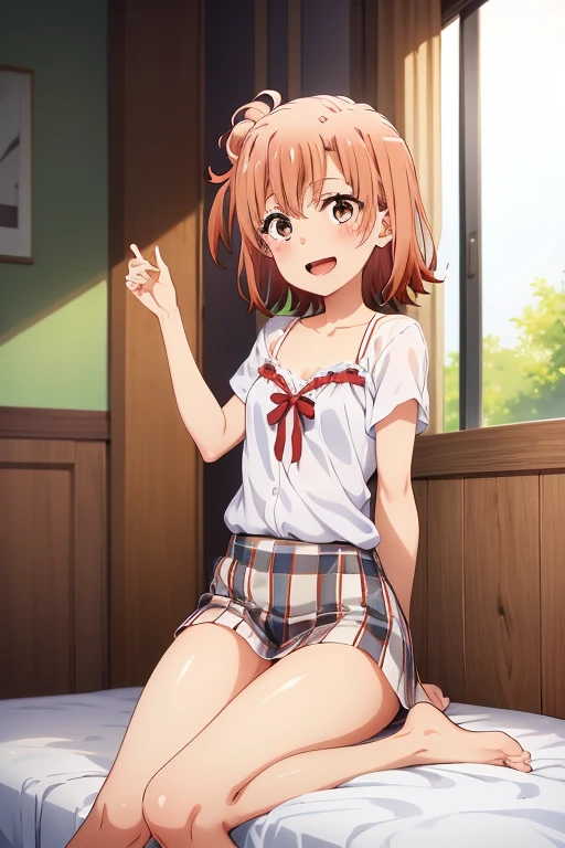 ((highest quality)), ((masterpiece)), (be familiar with), Perfect Face, indoor, Bedroom, Watching the audience,
One woman, Yuigahama Yui,
Open Mouth, Ecstatic expression, blush, smile,
Small breasts, Flat Chest, Young Girl, , , Girl,
Short Hair, Salmon-colored hair, Salmon-colored eyes, Side Pony,
Leg spread,