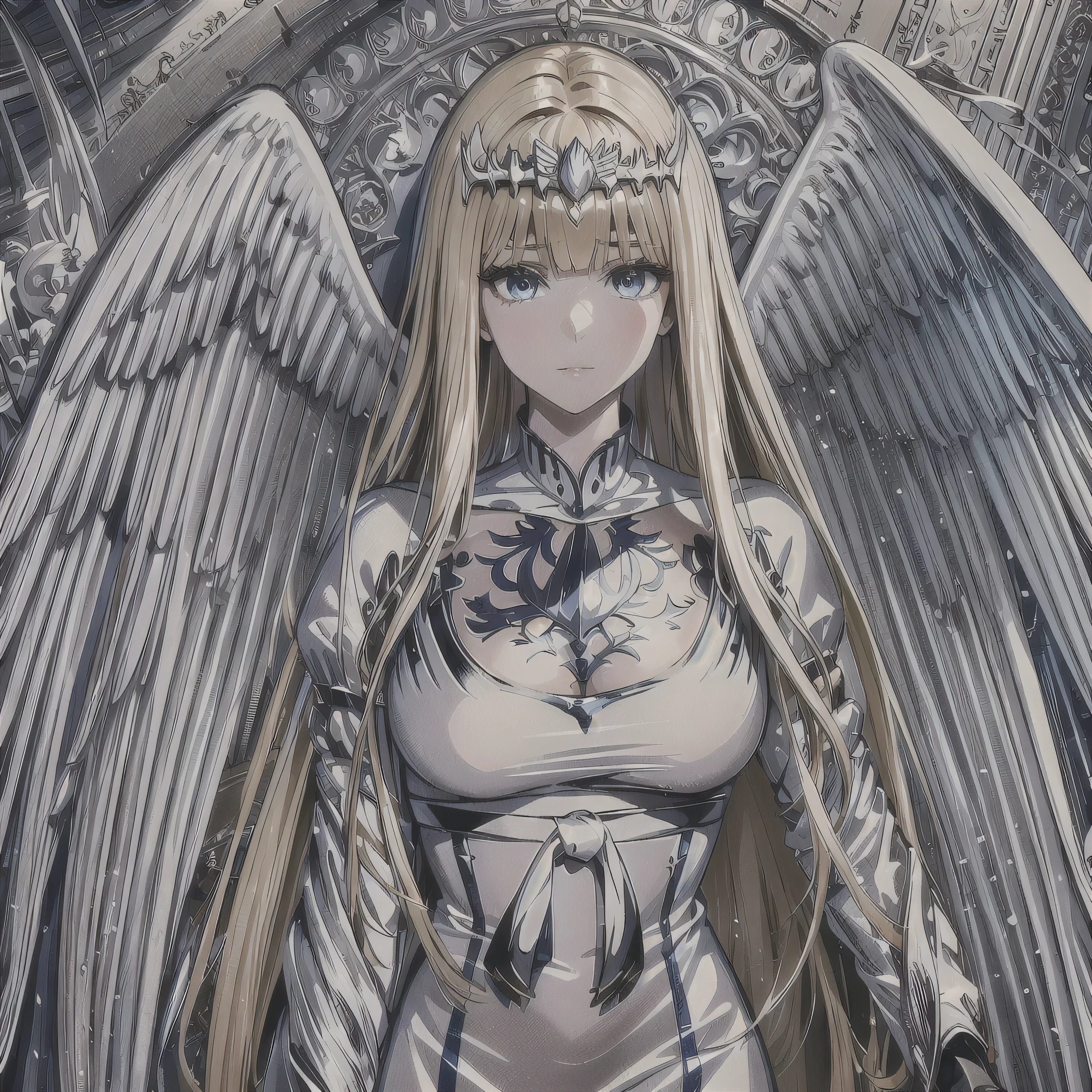Masterpiece, best quality, official art, beautiful, lively texture, unique visuals, Magnificent details, cg.Very detailed, solidarity cooperation, 8K Wallpapers, Extremely beautiful Eyes, best quality, details first, very delicate, High quality, 1 girl,alone, Calcutta, Calcutta Bessarez, angel wings, very large white wings, blonde hair, My hair is very long., My hair is very long., white crown, silver tiara, white tiara, white dress, blue eyes, Medium breast, large wings, feature wings