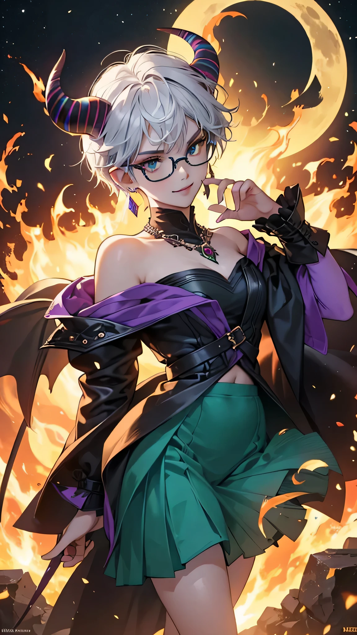 8k, masterpiece, best quality, highly detailed, 1girl, tiefling, warlock, solo, multicolored hair, very short straight hair green highlight hair on white hair, strippled hair, wearing glasses, earrings, necklace, navel piercing,  short skirts, mole, glamorous, teal and purple clothing, villainy, smirk, seductive pose, close ups view, rings, looking at viewer, standing, demon horns, demon tail, high heels, fantasy world, night-time, crescent moon, black and green coloured flames, burning scenario, casting fire spell, rounded glasses, fires.