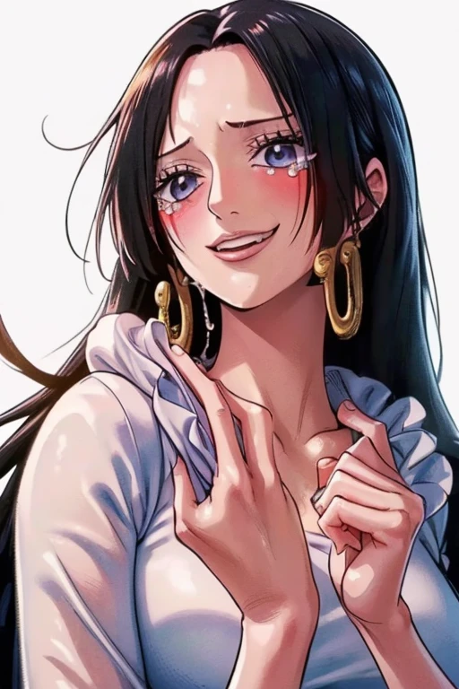 best quality, masterpiece, highly detailed,1girl, (detail light), , Boa Hancock, , (masterpiece:1.5), Detailed Photo, Smiling, Sexy, (8K, Best Quality: 1.4), (1girl), Beautiful Face, (anime realistic Face), (Black Hair, long Hair: 1.3), Beautiful Hairstyle, Realistic eyes, beautiful detail eyes, (white skin), beautiful skin, absurd, attractive, ultra high resolution, ultra realistic, high definition, golden ratio, (sexually aroused:1.5), Pinkish white skin, cool white light, sexy pose, Beautiful , white background, pink soft white light, Wear a white dress, (bukkake:1.5), (crying:1.5) (painful:1.5) (trauma:1.5)