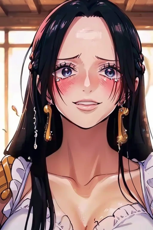 best quality, masterpiece, highly detailed,1girl, (detail light), , Boa Hancock, , (masterpiece:1.5), Detailed Photo, Smiling, Sexy, (8K, Best Quality: 1.4), (1girl), Beautiful Face, (anime realistic Face), (Black Hair, long Hair: 1.3), Beautiful Hairstyle, Realistic eyes, beautiful detail eyes, (white skin), beautiful skin, absurd, attractive, ultra high resolution, ultra realistic, high definition, golden ratio, (sexually aroused:1.5), Pinkish white skin, cool white light, sexy pose, Beautiful , white background, pink soft white light, Wear a white dress, (bukkake:1.5), (crying:1.5) (painful:1.5) (trauma:1.5)