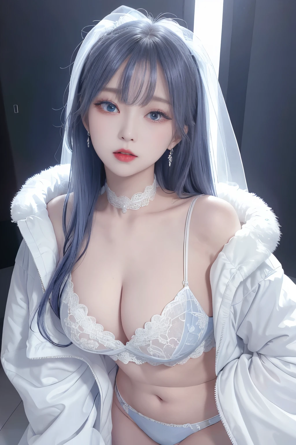 Top image quality、Raw photography、A high resolution、20-year-old cool Korean、big round chest、thin white silk coat、light blue lace underwear、Beautiful Eyes of Details、very elongated eyes、Beautiful eyelashes、Beautiful double eyelids、eyeshadows、耳Nipple Ring, wearing super tight mini boxers, standing,