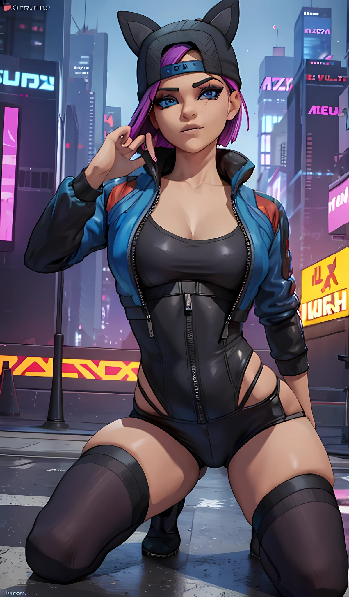 1 chica, sentada, cyberpunk Noche, chaqueta Azul, jogger Negro, Extremadamente detallado, rostro detallado ,gorra ,pies ,hermoso rostro detallado, ojos detallados, dynamic pose 