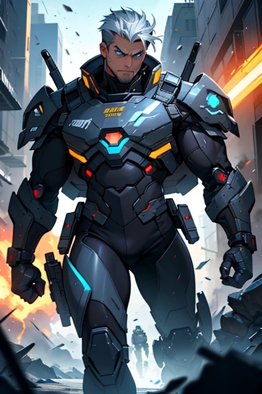 Let's create a character fitting that description:
Name: TechStrike
Appearance:
- TechStrike is a tall, muscular man with a ruggedly handsome face and piercing blue eyes that exude intelligence and determination.
- His hair is cropped short and styled in a futuristic manner, with streaks of silver running through it, hinting at his advanced technological prowess.
- He wears a sleek, high-tech suit made of durable, lightweight materials, designed to enhance his agility and strength while providing protection in battle.
- Across his suit are various compartments and attachments for his gadgets and weapons, including holsters for his high-tech gun and control devices for his robot companion.
Gear and Abilities:
- TechStrike wields a state-of-the-art energy blaster, capable of firing powerful blasts of concussive energy with pinpoint accuracy.
- His gun is equipped with advanced targeting systems and a variety of ammunition types, allowing him to adapt to different combat situations with ease.
- In addition to his firearm, TechStrike controls a formidable combat robot known as MechGuard.
- MechGuard is a towering humanoid robot with sleek armor plating and advanced weaponry, capable of devastating enemies with its brute strength and precision strikes.
- Through a neural interface implanted in his brain, TechStrike can command MechGuard with unparalleled speed and precision, making them a formidable duo on the battlefield.
Personality:
- TechStrike is a brilliant inventor and strategist, with a keen intellect and a strong sense of justice.
- He is fiercely dedicated to protecting the innocent and fighting against injustice, using his technological prowess to level the playing field against powerful adversaries.
- Despite his stoic demeanor in battle, he cares deeply for his allies and is always willing to put himself in harm's way to ensure their safety.
- While he prefers to rely on his gadgets and technology in combat, he is not afraid to get his hands dirty and co