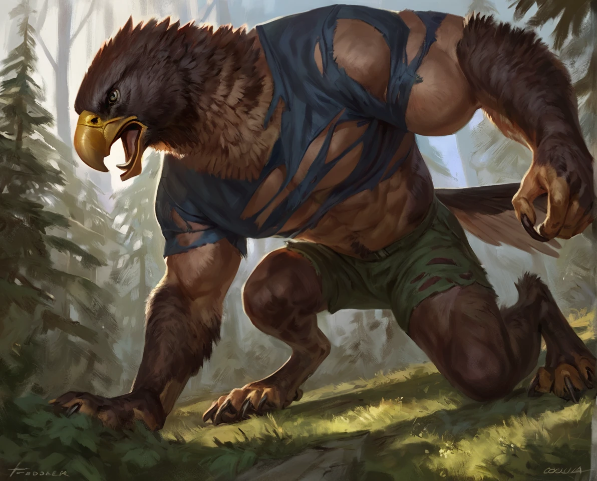 ((SOLO)), Muscular male eagle, jumping, attacking, running on all fours, growling, front view, angry, by taran fiddler, forest, uncut flaccid penis, balls, dynamic, in movement, 