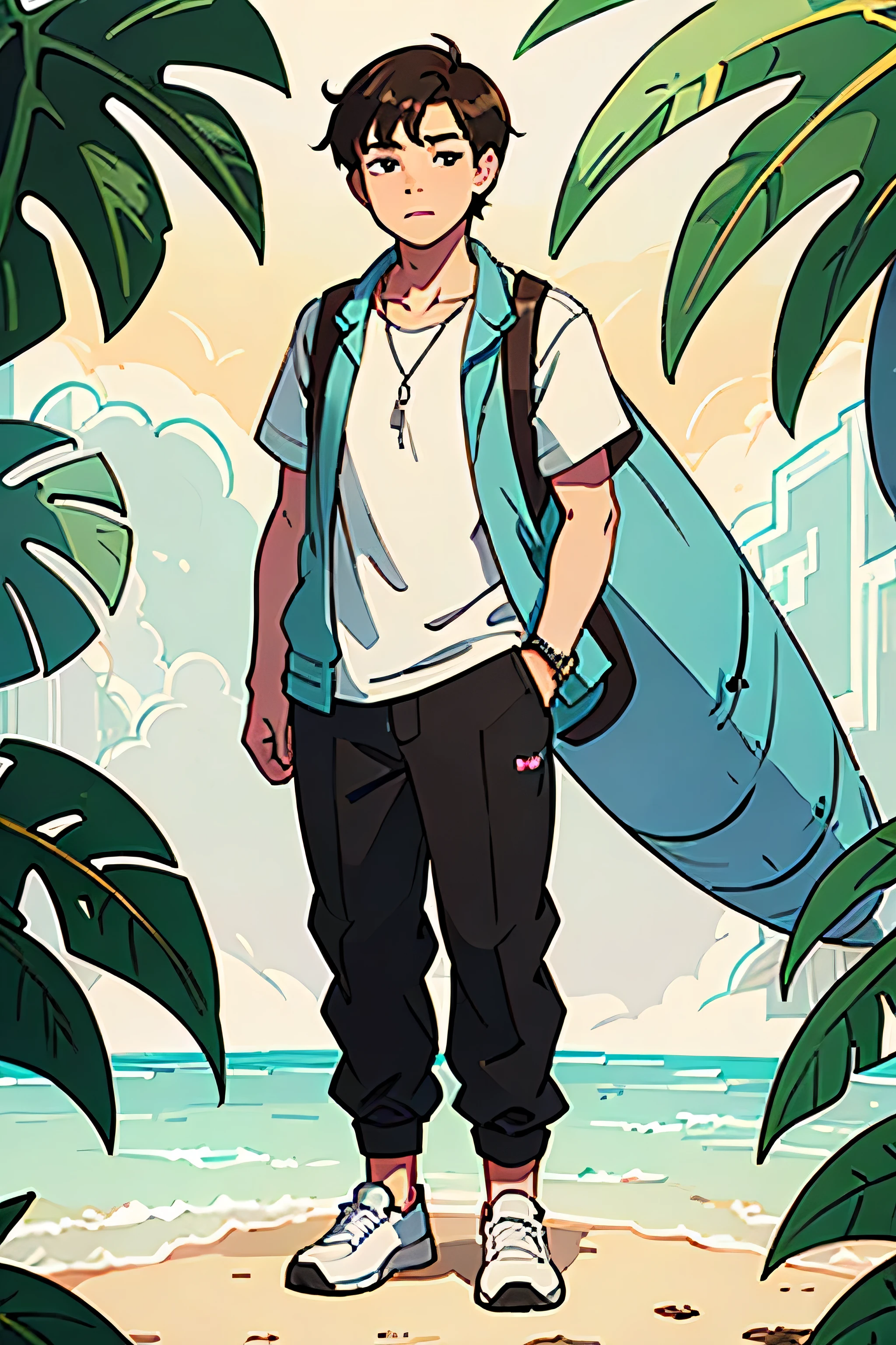 Young man in summer vacation style clothing standing full body