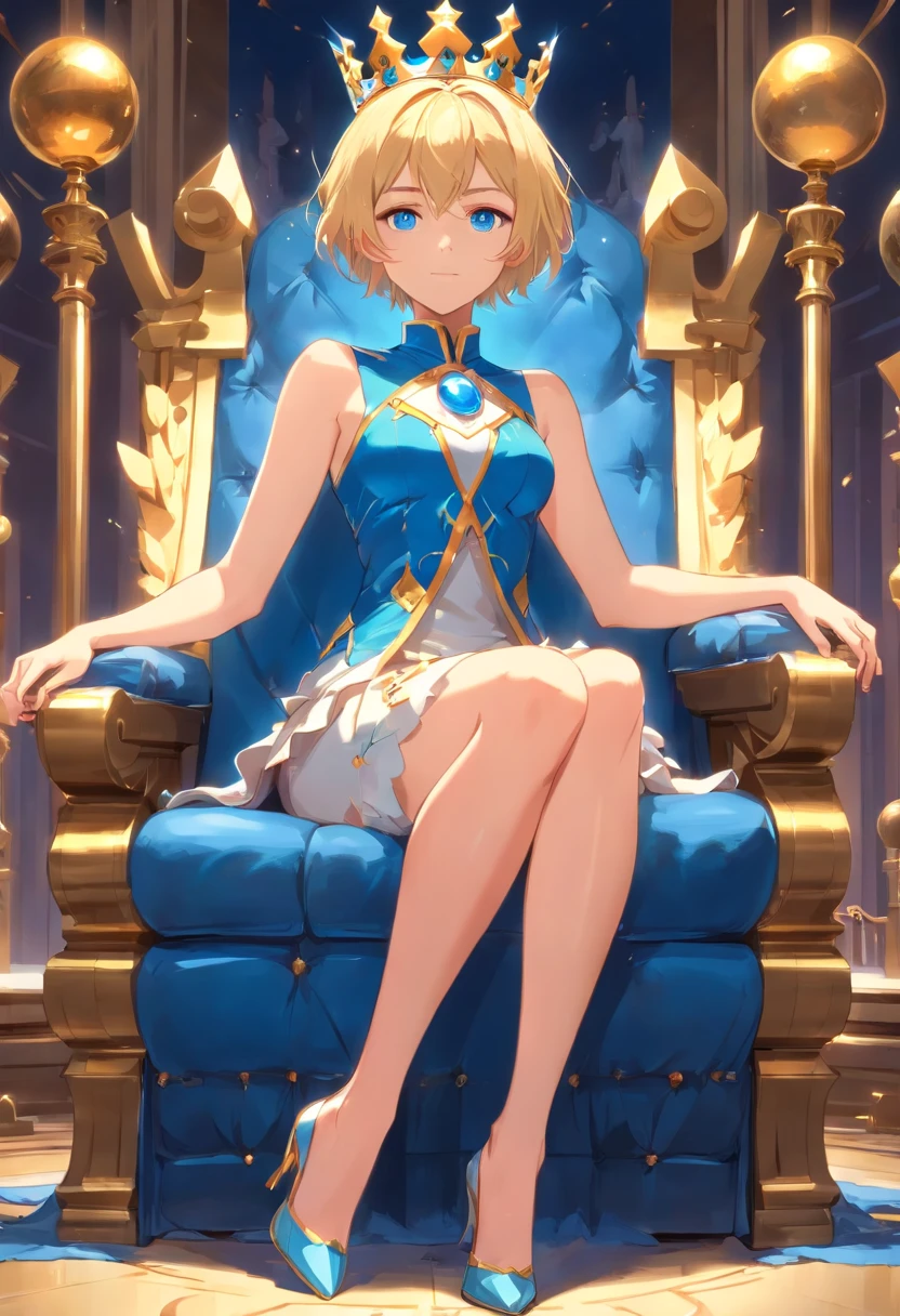 17 years old Women, ((Blonde)), ((Blue eyes)), ((Short hair)), ((Full Body)), using a coronation queen suite, with orb scepter and crown, Sitting on the throne
