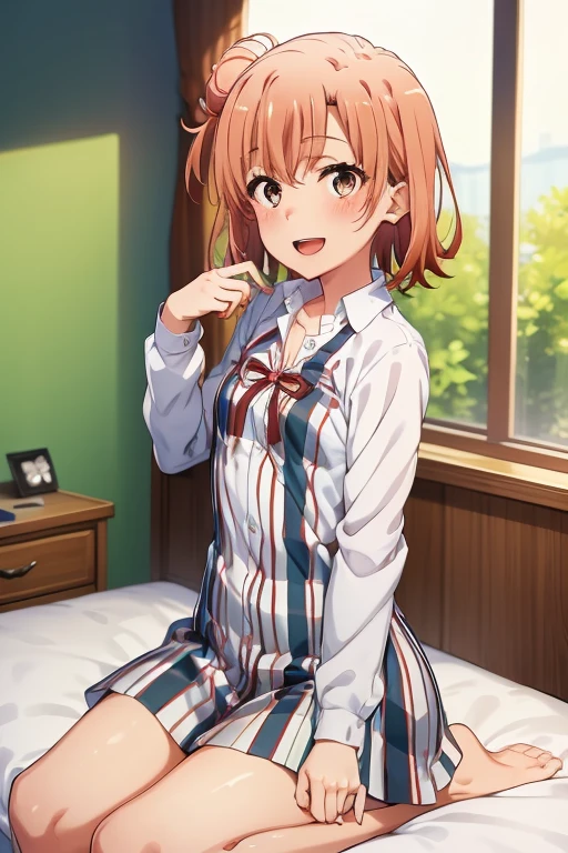 ((highest quality)), ((masterpiece)), (be familiar with), Perfect Face, indoor, Bedroom, Watching the audience,
One woman, Yuigahama Yui,
Open Mouth, Ecstatic expression, blush, smile,
Small breasts, Flat Chest, Young Girl, , , Girl,
Short Hair, Salmon-colored hair, Salmon-colored eyes, Side Pony,
Leg spread,