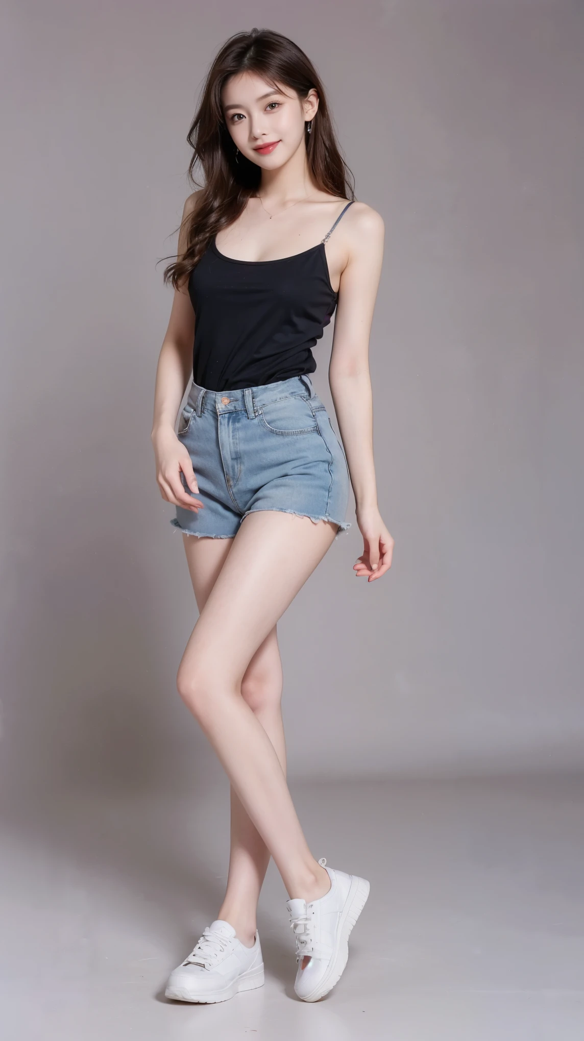 highest quality,masterpiece,Ultra-high resolution,Original photo,Ultra-high resolution,Beautiful woman 25 years old woman'Fashion that was popular in the 1990s,Long legs:1.5,Shorts,Full Body,Flashy makeup using red eyeshadow,Big smile,Short cut with subtle side waves,Gray background,