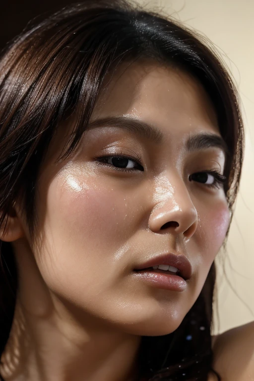 一人のwomanの画像,、Face close-up、Smooth skin、masterpiece、highest quality、8K Photo、((close your eyes and open your mouth slightly))、close your eyes、Suffering face、(Wrinkles around the eyes:1.2),woman, 20-year-old、中年woman、Face closer to the audience、Wet lips、kiss pov,tilt your face slightly to the left、薄Dark Room、Dark Room、((Oily skin、Sweat, skin shining with Sweat,))