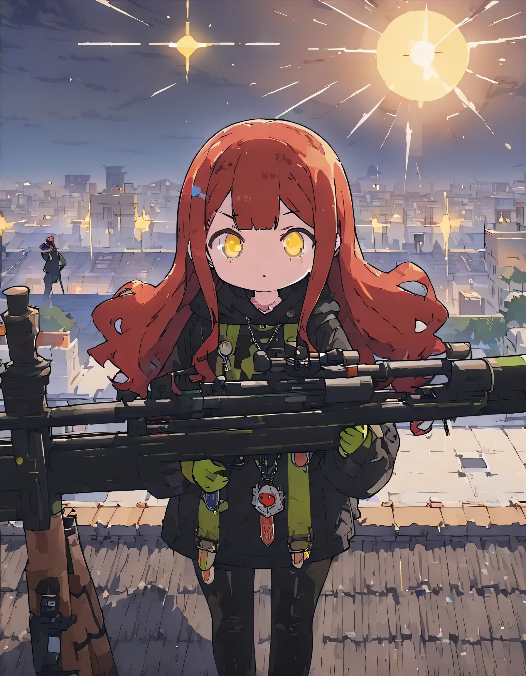 2D, masterpiece, highest quality, anime, Highly detailed face, Very detailed eyes, Highly detailed background, Perfect lighting, One girl, alone, whole body, Lying prone with a sniper rifle, Latex Legwear, Cool black outfit, Redhead, Amulets、Outdoor、Rooftop、(sniper rifle、Sniper at a distance) 、(highest quality、masterpiece、High resolution、detailed)、anime style、Flat Style、(Shining Eyes、Beautiful Face), BREAK,1 girl、extremely detailed(The Shining), Best lighting, Best Shadow、High saturation、Dynamic Angle、anime
