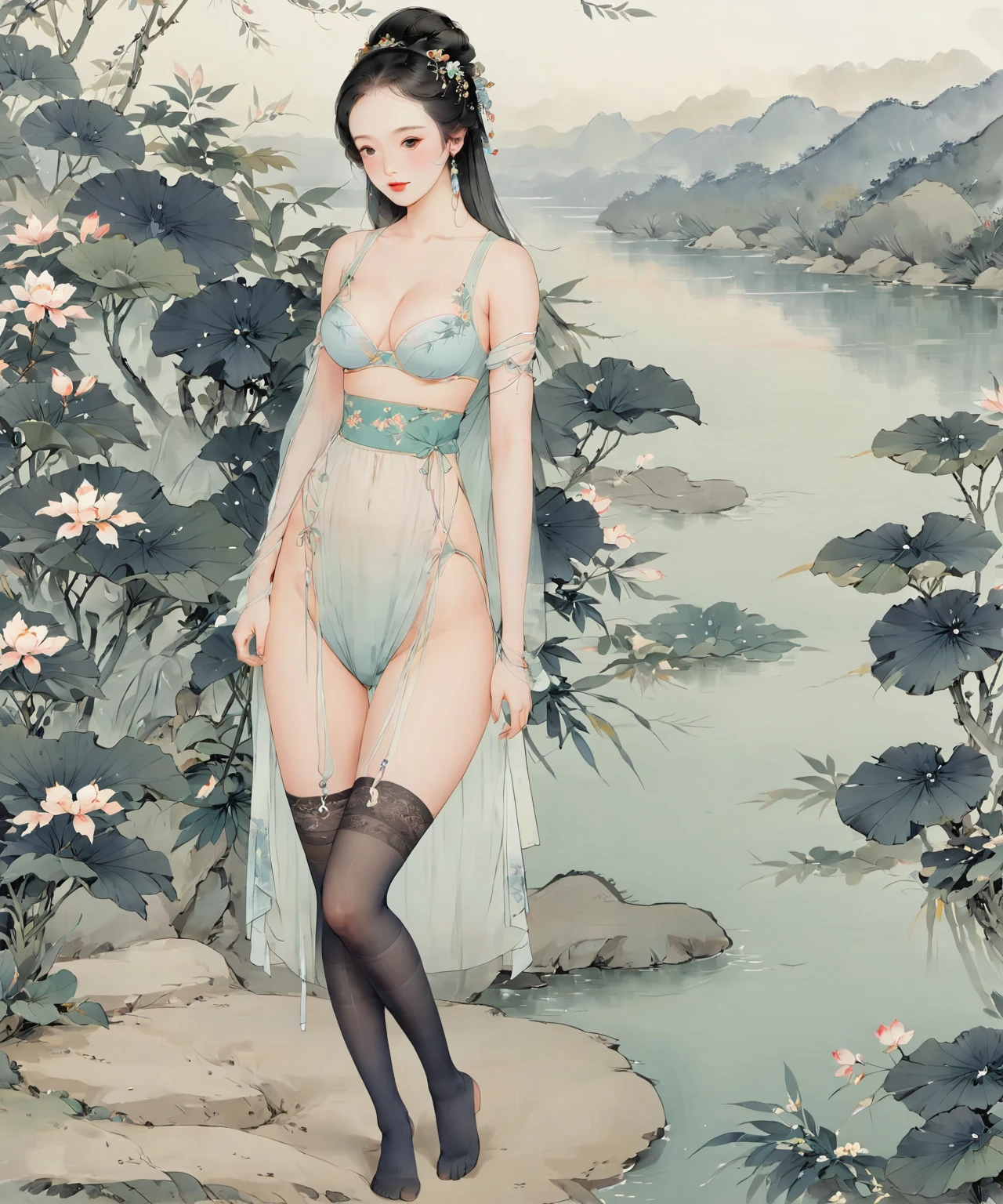 8k, masterpiece, best quality, two-dimensional, (Chinese traditional ink painting:0.2) 1girl, (perfect hands:1.4), (seethrough black stockings:1.4)，Wearing seethrough thin hanfu miniskirt，The black stockings on the legs are exposed，gigantic breasts, (huge ass, big thick thighs:1.8), River in the background，koyama，bamboos, flowers on the background,