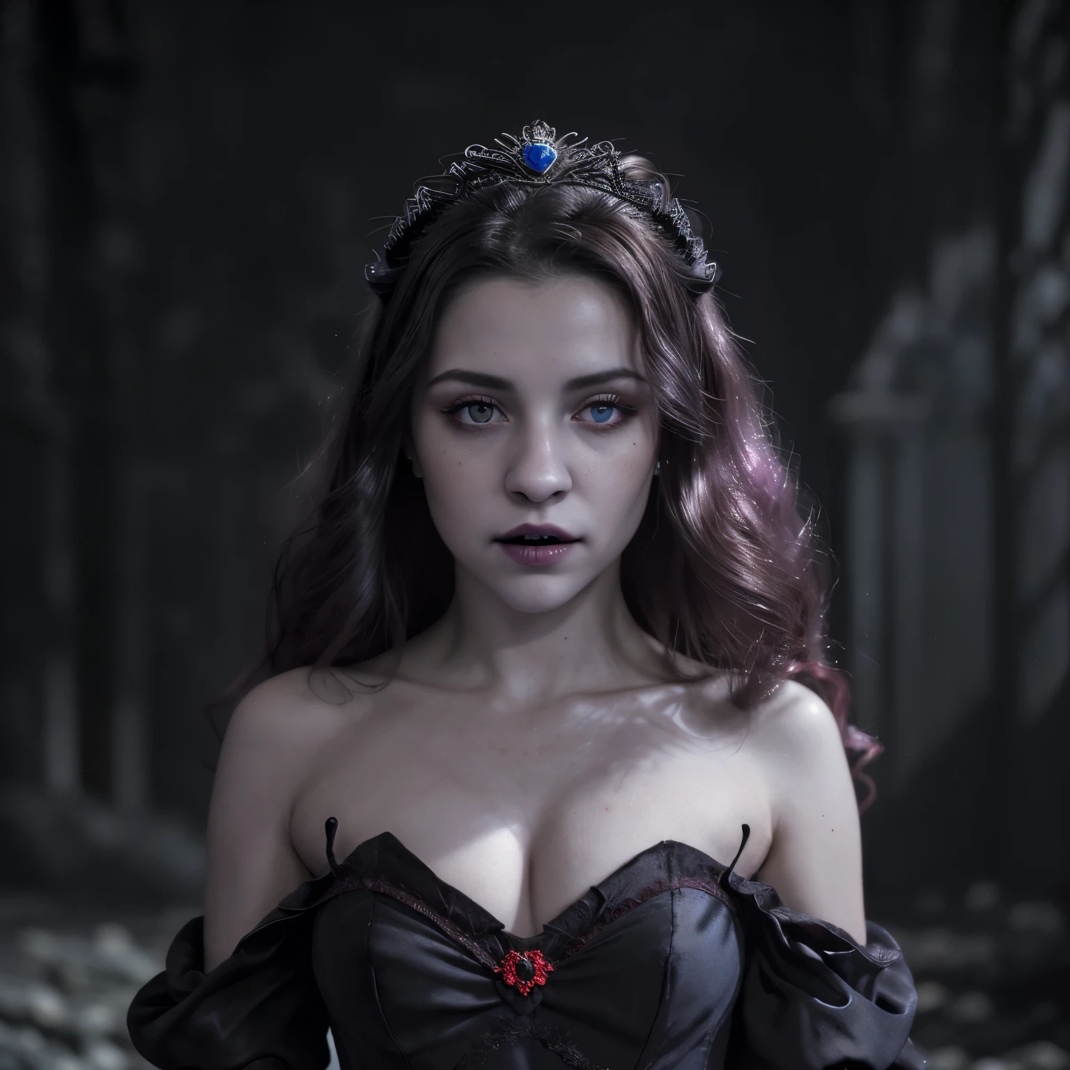 Obra hiperdetallada de una princesa vampiro., pelo peliroja,efectos de brillo ombre, reina en la noche, perfect composition, texturas hiperdetalladas, hermosos ojos azules, 12k resolution, masterful technique, cinematic lighting, soft volumetric lighting
