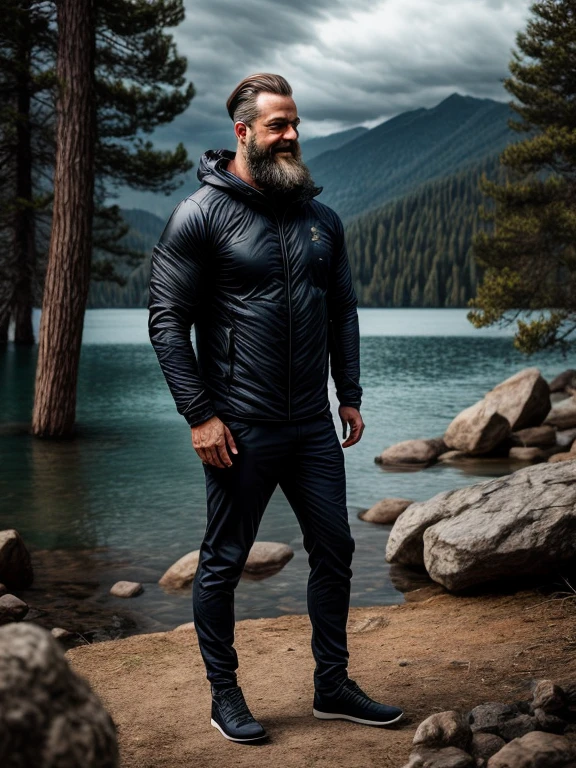 Man with brown hair, 40 years, ((Viking beard), (((upper body portrait, happy)), nature, A lake on a mountain, (((cloudy weather)), ((Late evening)), ((Black clothes), Pine trees at the foot of the mountain, Cold clothes, Realistic lighting, Realistic shadows, ultra realistic, photorealistic, 8K, Full HD