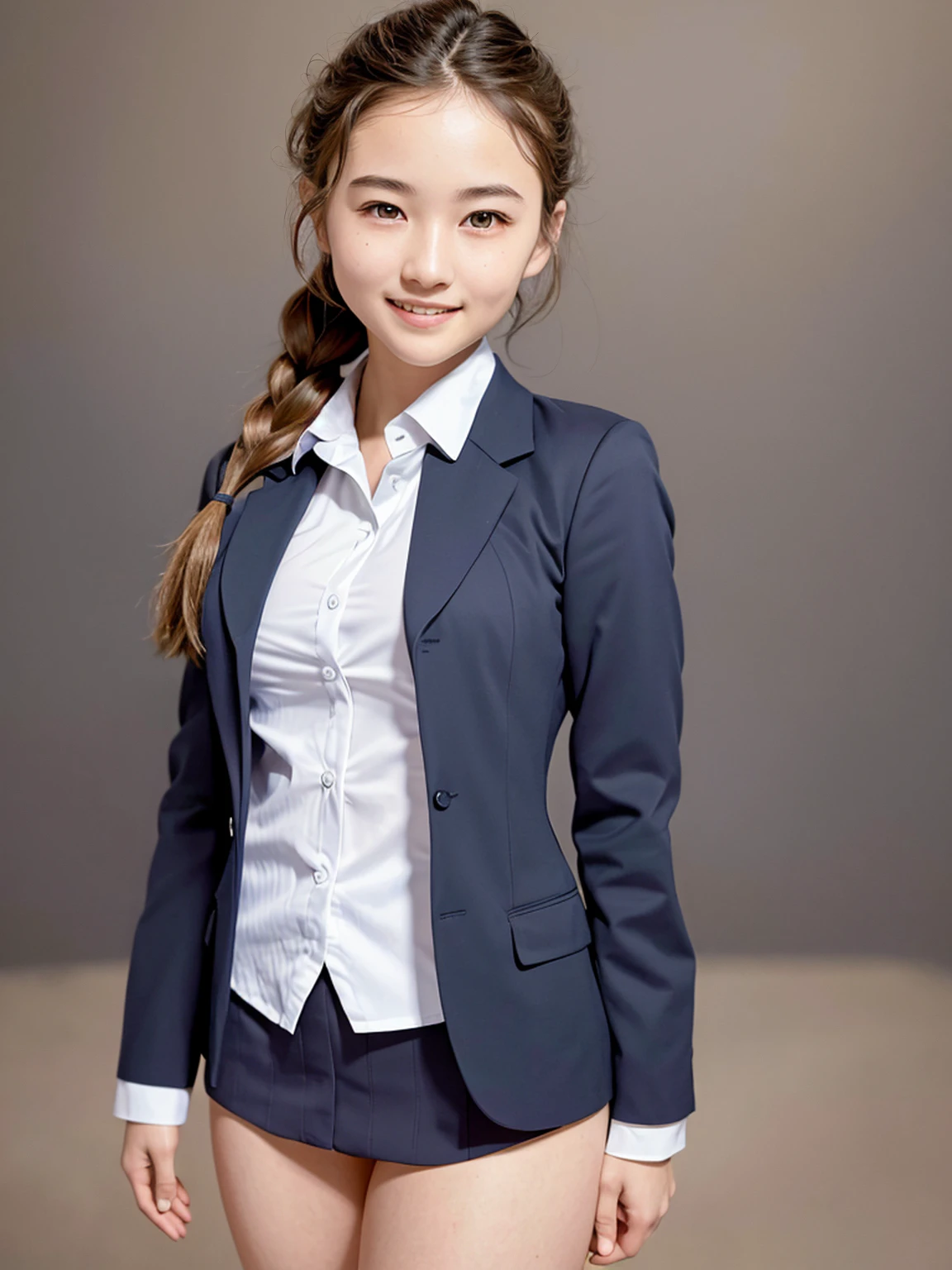 masterpiece, High resolution, Portraiture, highest quality, High resolution,
Realistic, alone, school blazer uniform,  School classroom during the day,Smiling and showing beautiful teeth,(Braid),No exposure、((Large Breasts))、((Very young face))、((Small woman))、(A blazer uniform that reveals the shape of the breasts)、Beautiful legs、whole body、Color