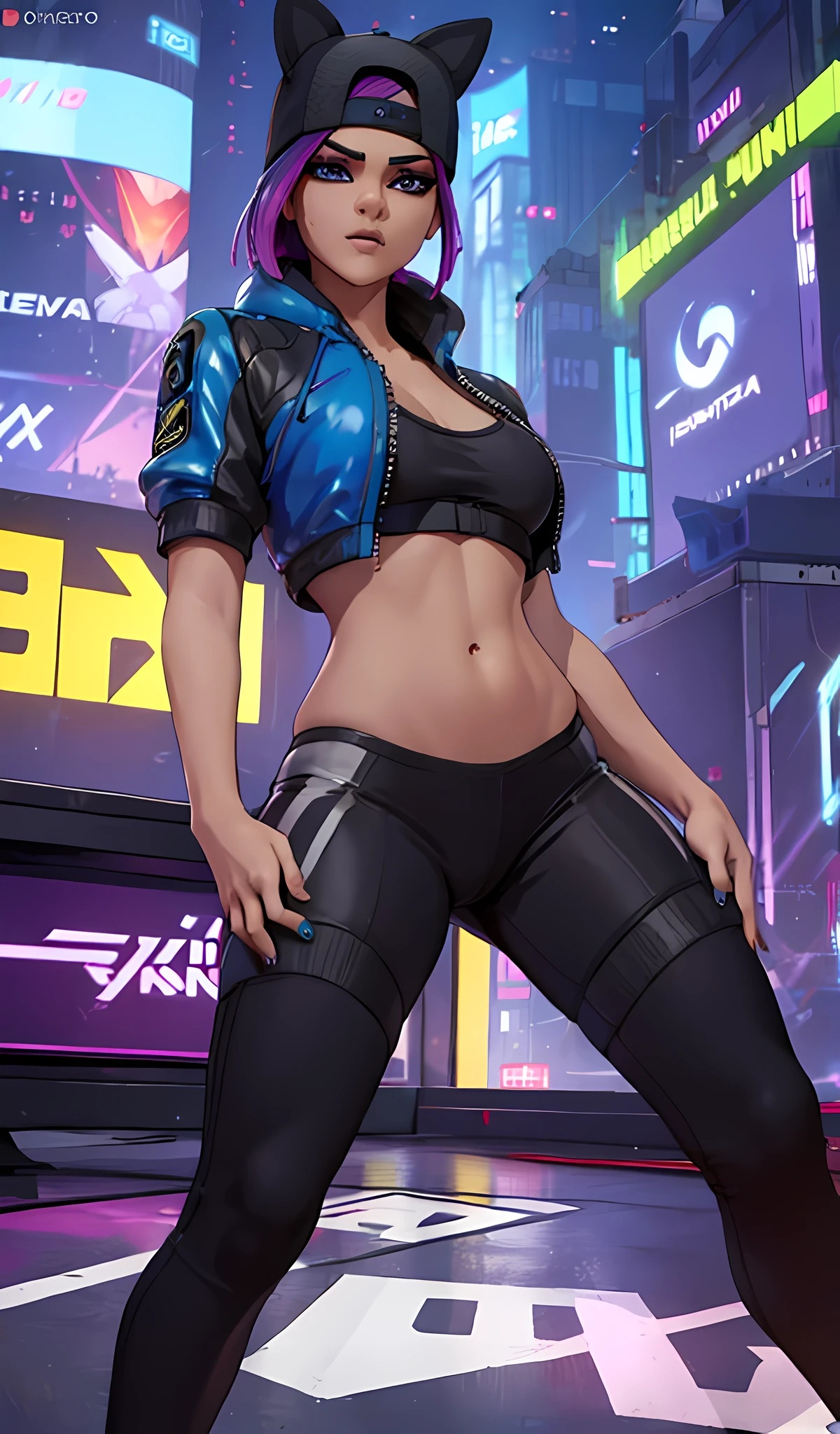 1 chica, sentada, Neon Noche, chaqueta,leggins azul, Extremadamente detallado, rostro detallado , pies ,hermoso rostro detallado, ojos detallados, dynamic pose