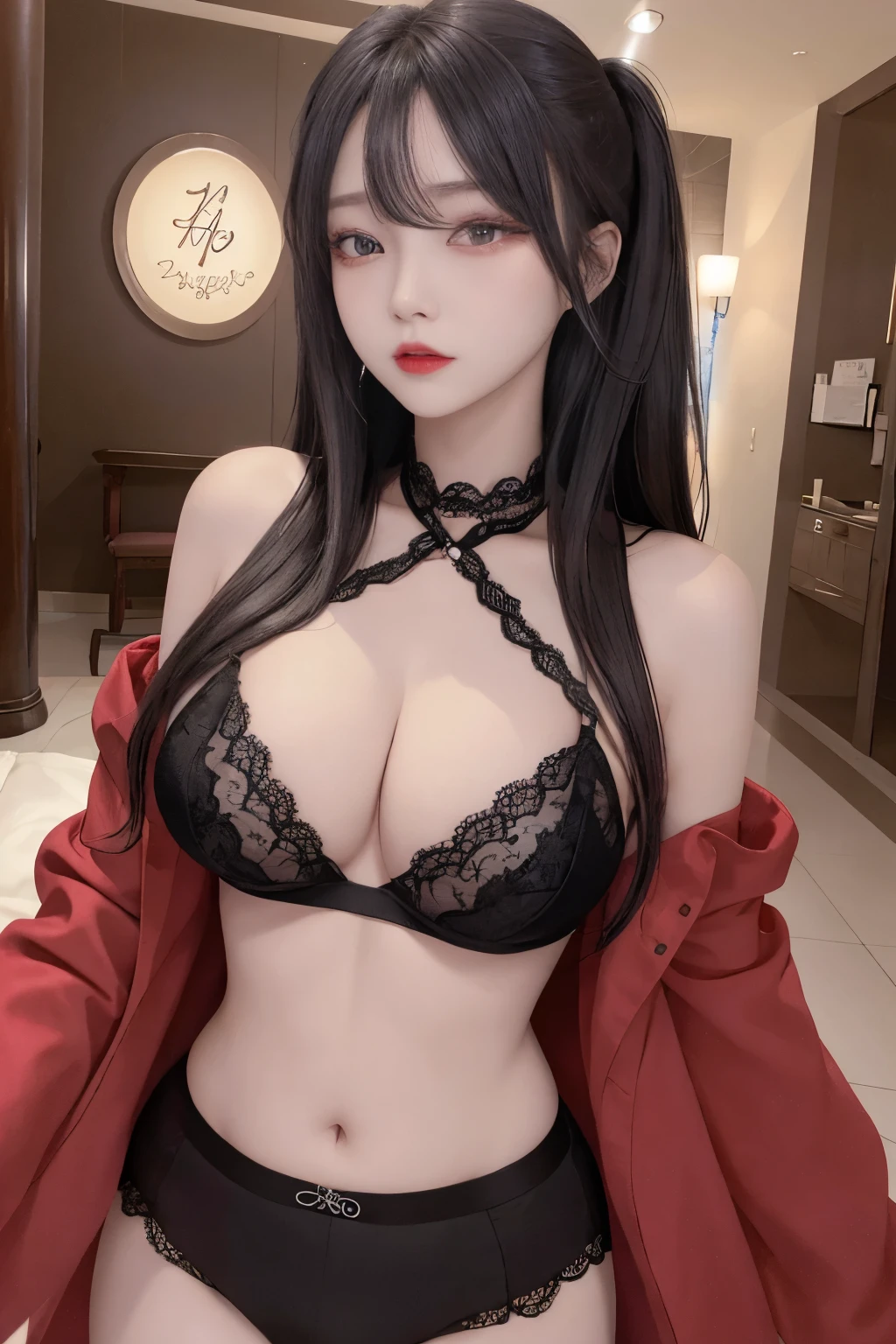 Top image quality、Raw photography、A high resolution、20-year-old cool Korean、big round chest、thin red silk coat、black lace underwear、Beautiful Eyes of Details、very elongated eyes、Beautiful eyelashes、Beautiful double eyelids、eyeshadows、耳Nipple Ring, wearing super tight mini boxers, standing,