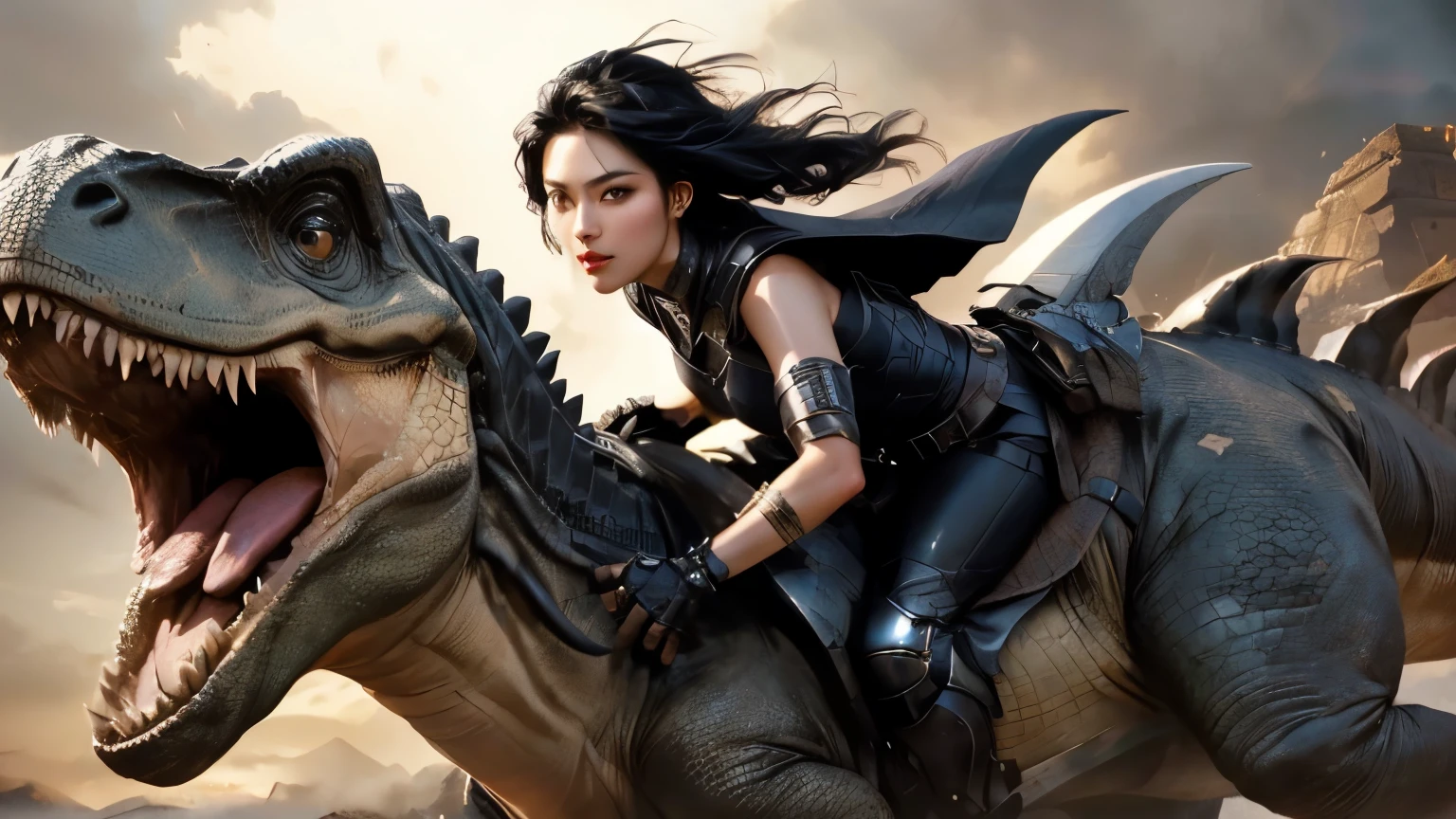 Upper body close-up image。A beautiful woman riding on the back of a dinosaur。Black Hair。She wears black armor。She is looking at the camera with a defiant expression。Later masterpieces。