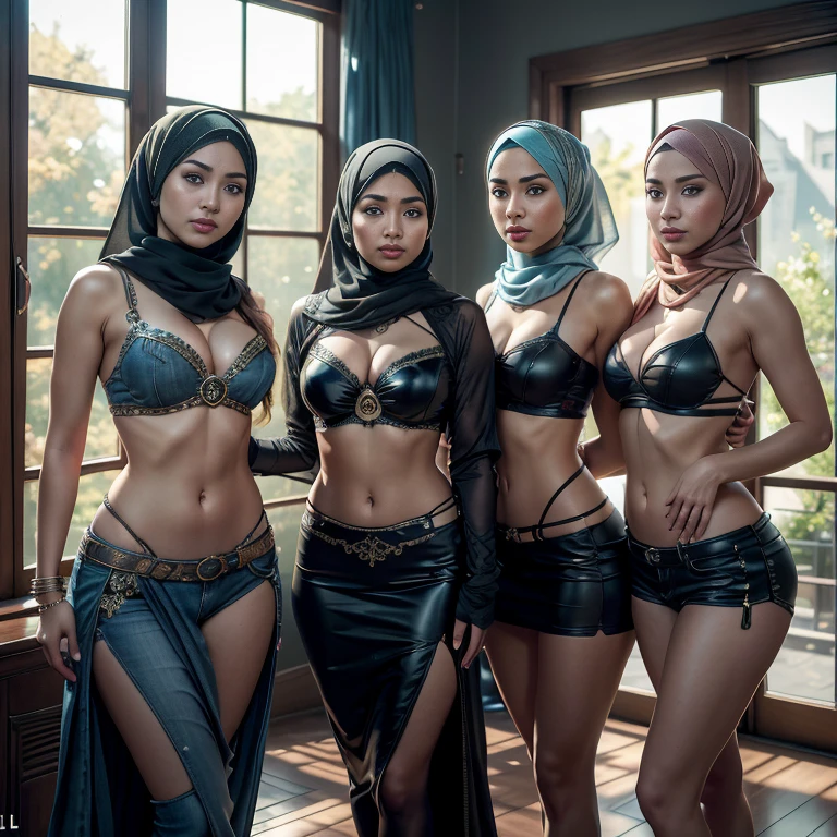 Group of Malaysian girls wearing sexy bellydancer whit hijab, denim, javanese, (((hijabi))), cleavage, reflection light, chiaroscuro, depth of field, cinematic lighting, ray tracing, Sony FE GM, UHD, super detail, masterpiece, textured skin, high details, best quality, award winning，3D,hdr（HighDynamicRange）,Ray tracing,NVIDIA RTX,Hyper-Resolution,Unreal 5,Subsurface scattering、PBR Texture、post-proces、Anisotropy Filtering、depth of fieldaximum definition and sharpnesany-Layer Textures、Albedo e mapas Speculares、Surface coloring、Accurate simulation octane rendering of light-material interactions、Two-colored light、largeaperture、Low ISO、White balance、the rule of thirds、8K raw data