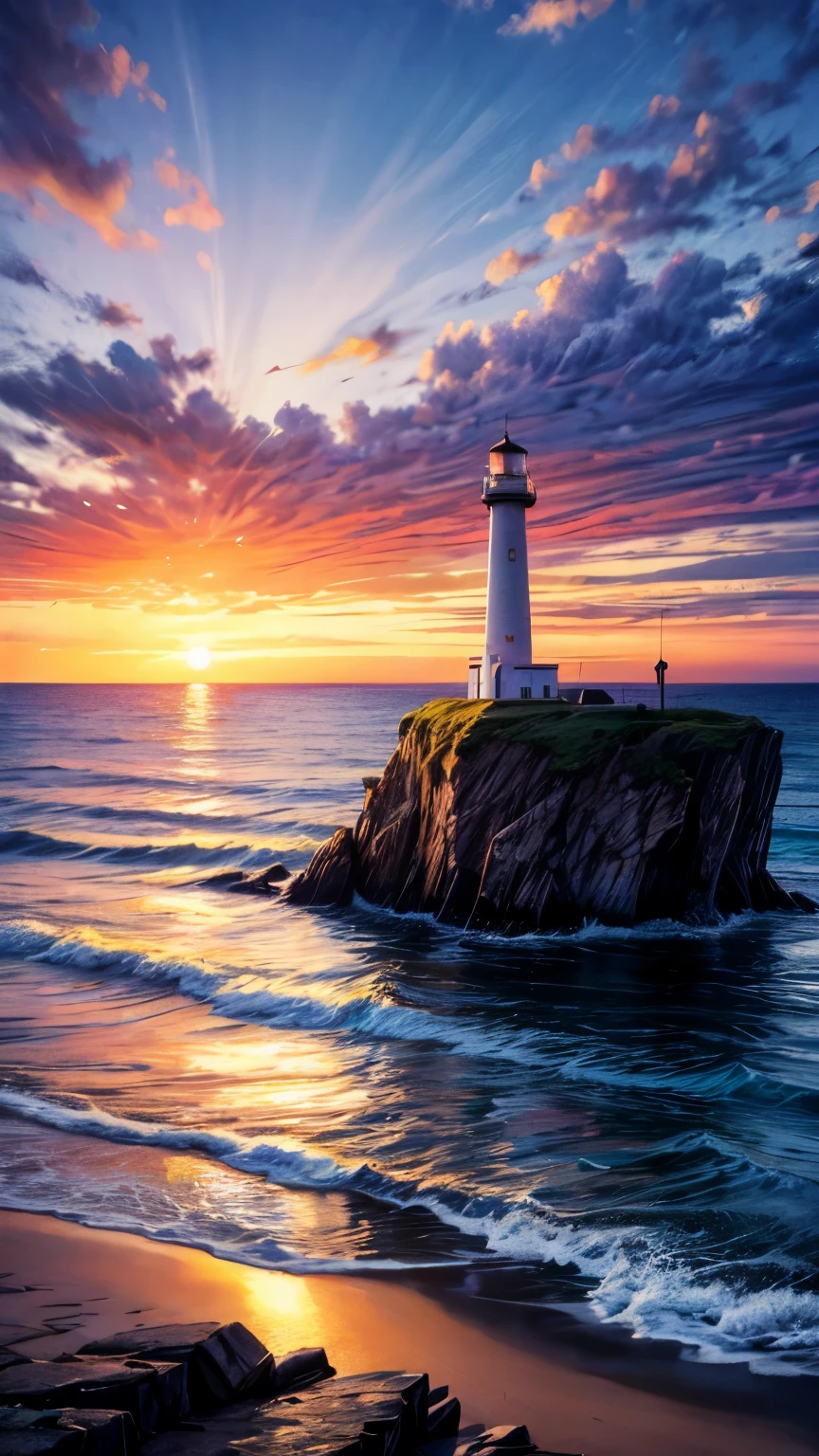 a serene coastal scene at sunset. Golden sands stretch out beneath a pastel-colored sky, while waves gently lap at the shore. Seagulls wheel overhead, their cries blending with the sound of the surf. A lone lighthouse stands sentinel on the rocky cliffs, casting its beam out to sea