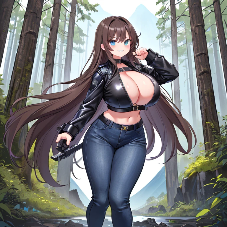 A Beautiful, Attractive, Confident, Strong, Feisty, Fierce, and Absurdly Big Breasted Girl standing with her fists up in a battle stance.      Face: (Luscious, Long Brunette Hair), Beautiful Blue Eyes, with a mischievous and fierce grin on her face.                                 Clothing: Her favorite ((old Black Leather Jacket)), a Red Cropped Top, (Heavily-worn Navy Jeans), Dark-Grey Boots, and (Black Fingertip-less Gloves, with knuckle reinforcements).                             Body-Type: She is 18 years-old, and is about 6.1 feet tall, has a muscular but rounded/curvy figure, (Incredibly Big, Very Huge Breasts!), (slightly rounded, Very Wide hips), has Large but not fat Thighs, and her legs are only slightly longer than her torso.                     Setting & Background: She is standing in a Spruce Forest at Night, with a Battle-ready stance, and a Fierce expression. The background has a view of a little creek, lots more Forest, and a glimpse of Mountains in the distance.