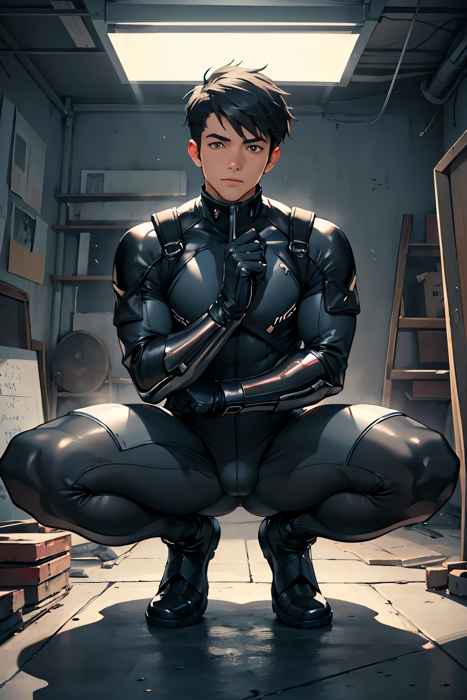 ((Best Quality, 8K, ultra-detailed, Masterpiece: 1.3)), 1boy, shiny skin, sharp, Perfect Body Beauty, realistic shaded perfect body, (cute :1.1),("bodysuit, techwear,big bulge ":1.2),("leggins , armor":1.1),("glove, armor":1.1 ),(techwear)(dynamic pose:1.1), thigh , battle field , (bulge focus:1.2) ,squatting, Model in the artist's studio 