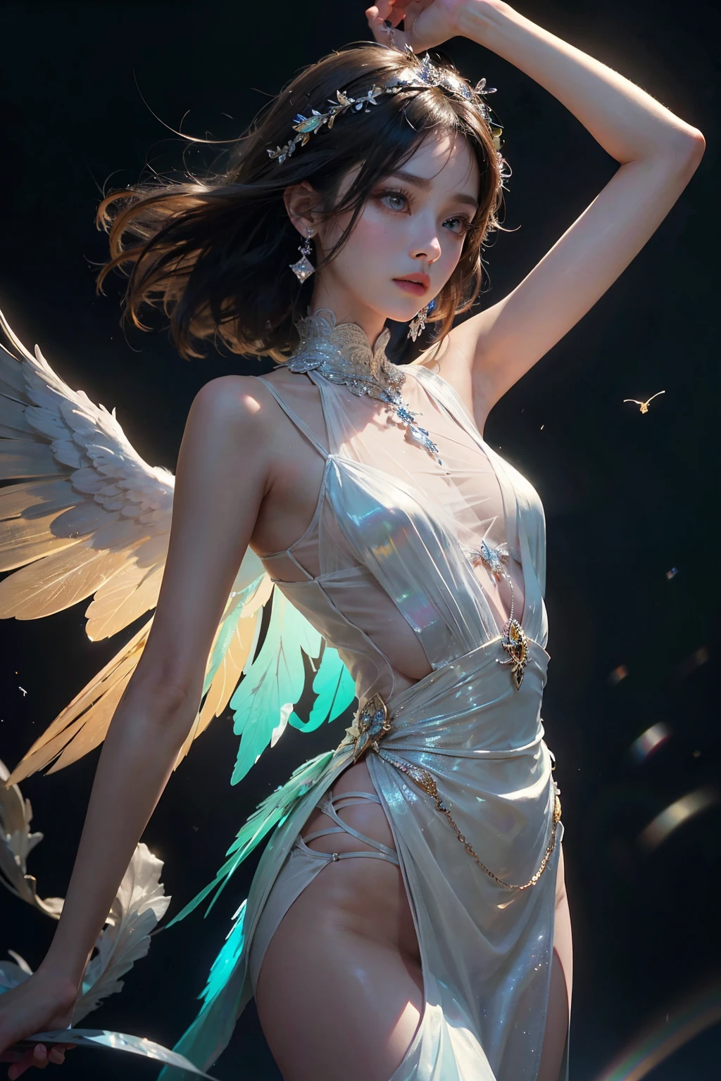 (((masterpiece))), (((best quality))), ((ultra-detailed)),(highly detailed CG illustration), ((an extremely delicate and beautiful)),cinematic light, Create a stunning fantasy artwork that mimics the style of currently trending masters of the genre. The art piece should contain elements of both mythic fantasy and fairytale fantasy with dreamy rainbow accents. ((Utilize the rainbow as the main color scheme.)) The character in the artwork is a delicate but strong  figure with an aura of mystery and magic and (beautiful translucent rainbow wings). Pay close attention to intricate facial features, such as mesmerizing eyes with vibrant colors and bold shading. The character's clothing should be designed with gossamer feathers, silk, stunning embroidery, and subtle iridescent details. Incorporate (((translucent rainbows))), dreamy colors, dynamic lighting, and detailed background elements to create a sense of awe and immersion. Include colorful flying magical birds and jewel-toned rainbow butterflies radiating a magical aura. Consider the latest trends in fantasy art, such as incorporating unique lighting effects, exploring dynamic and compelling composition techniques, and experimenting with unique color palettes. Take inspiration from the top artists on ArtStation and Midjourney. Camera: Choose an angle that highlights the character's beauty and enhances the magical majesty of the artwork. Lighting: Utilize atmospheric lighting techniques to create depth and mood. Resolution: Aim for a high-resolution artwork to showcase intricate details and clarity. Art Inspirations: Seek inspiration from the trending artists on ArtStation, exploring different styles, genres, and themes.,A simple background,The main girl is super beautiful,Are thin,Slim figure,Small Bust,Beautiful long and slender eyes,Korean Beautiful Girl,Genius Ballerina,Angel&#39;s messenger beautiful girl,Slim figure,The best ballerina expression,Eyes that stare intently at the other person,