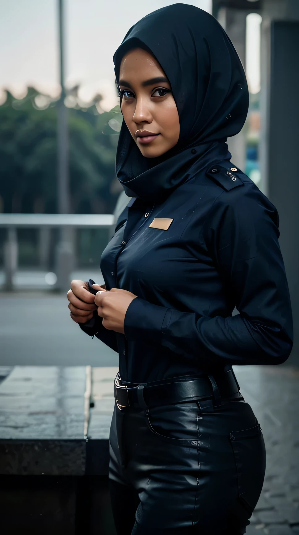 1 beauty women police officer,malay girl,((wear dark blue hijab)), curvy body type((slim fit waist)) , ((wearing dark blue slimfit police uniform)) , smile, happy face, street, police mobile, Excellent lighting, Bright colors, Clean lines, ((bokeh)),upper body, close-up , (8k, RAW photo, best quality, masterpiece:1.2),(realistic, photo-realistic:1.37), POV, Par Lee Jeffries, Nikon D850, Photographie de film, camera f1.6 lentilles ,couleurs riches ,hyper realistic ,lifelike texture, dramatic lighting , Cinestill 800,