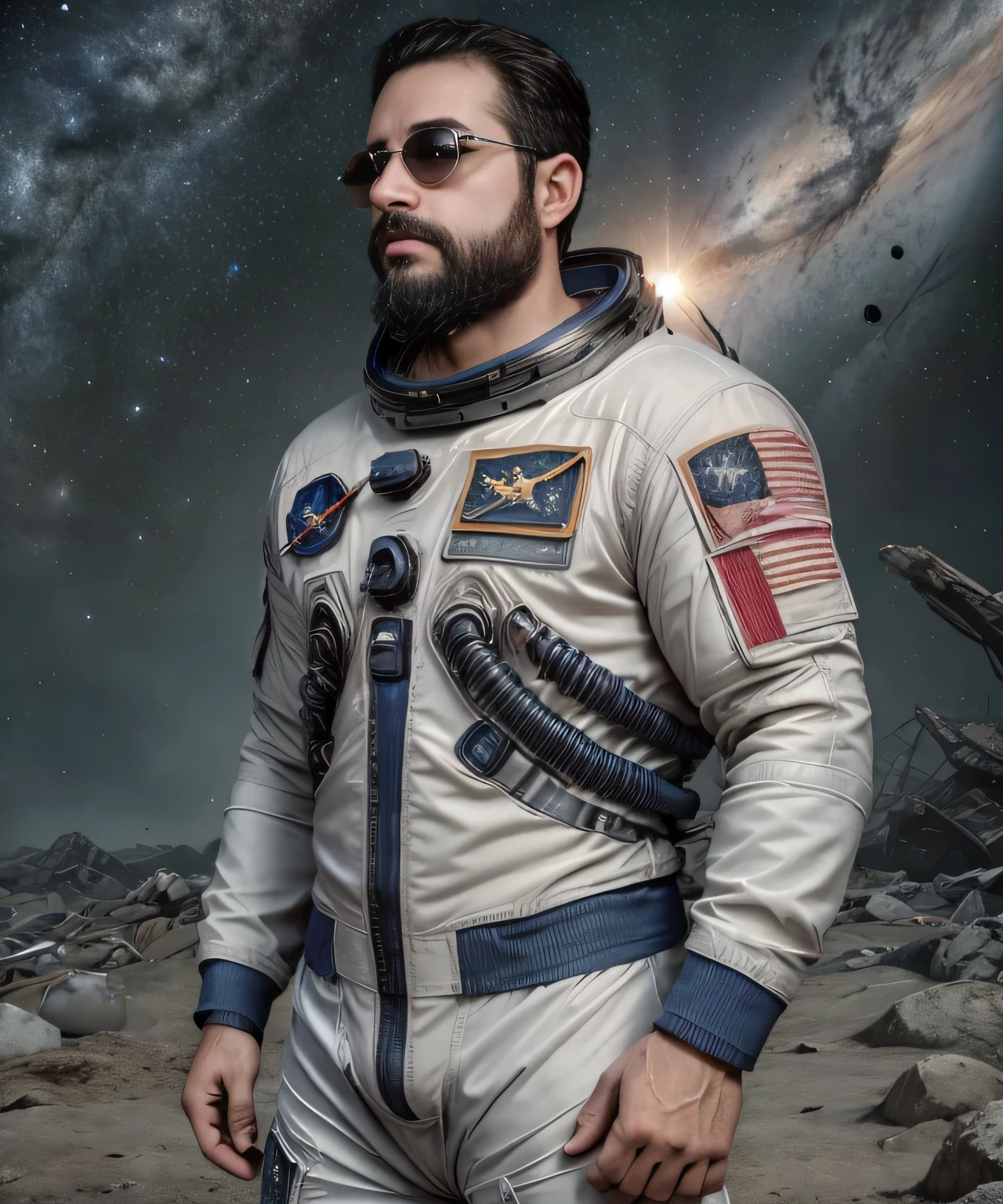 Obra maestra, desenfoque de campo, Parte superior del cuerpo, Hands in pants pockets, 38 year old chubby man with beard and square sunglasses.. Man in astronaut shirt in a space movie with a sunburst in the background. Traje de astronauta.